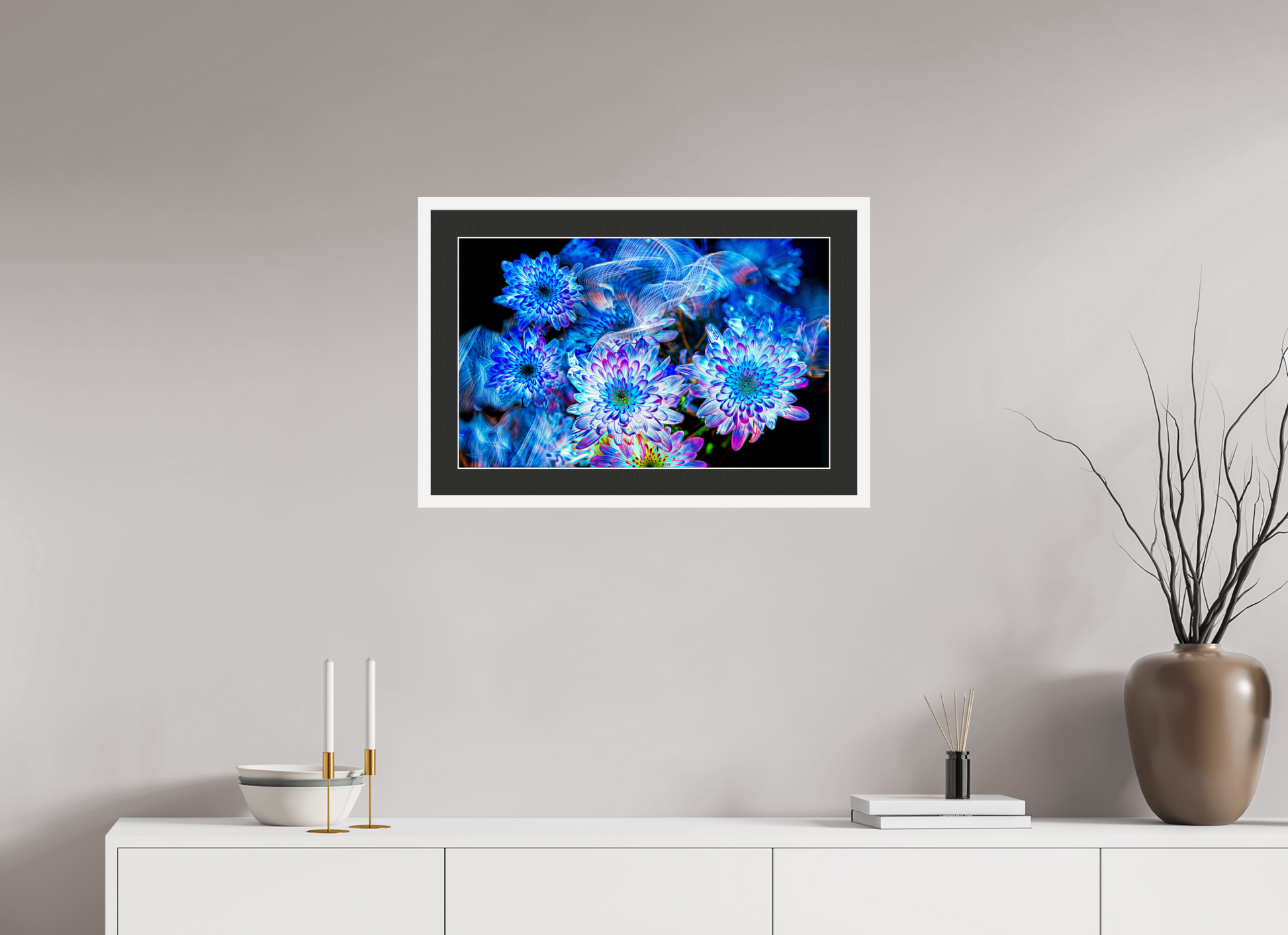 64 x 40 cm, 7 White Frame: Black Mat with White Border Blooms in the Celestial Current