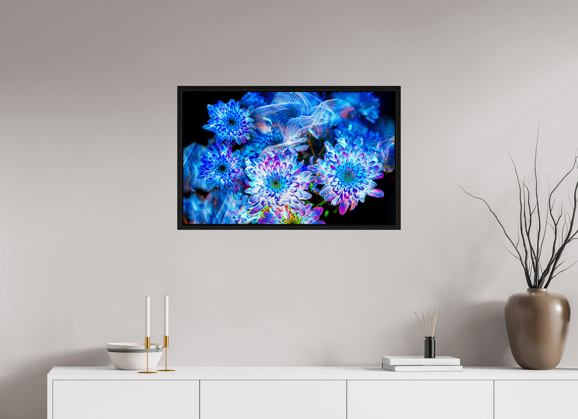 80 x 50 cm, 8 Black American Box Blooms in the Celestial Current