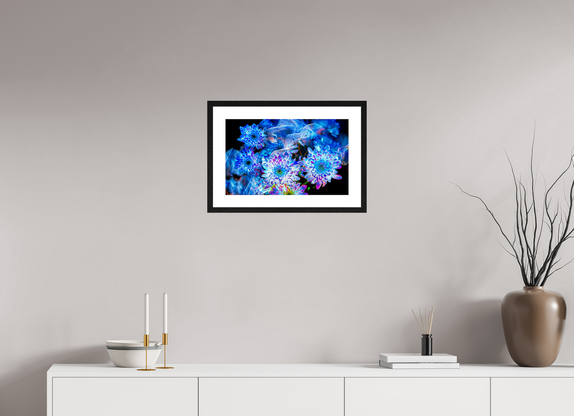 48 x 30 cm, 4 Black Frame: White Mat Blooms in the Celestial Current