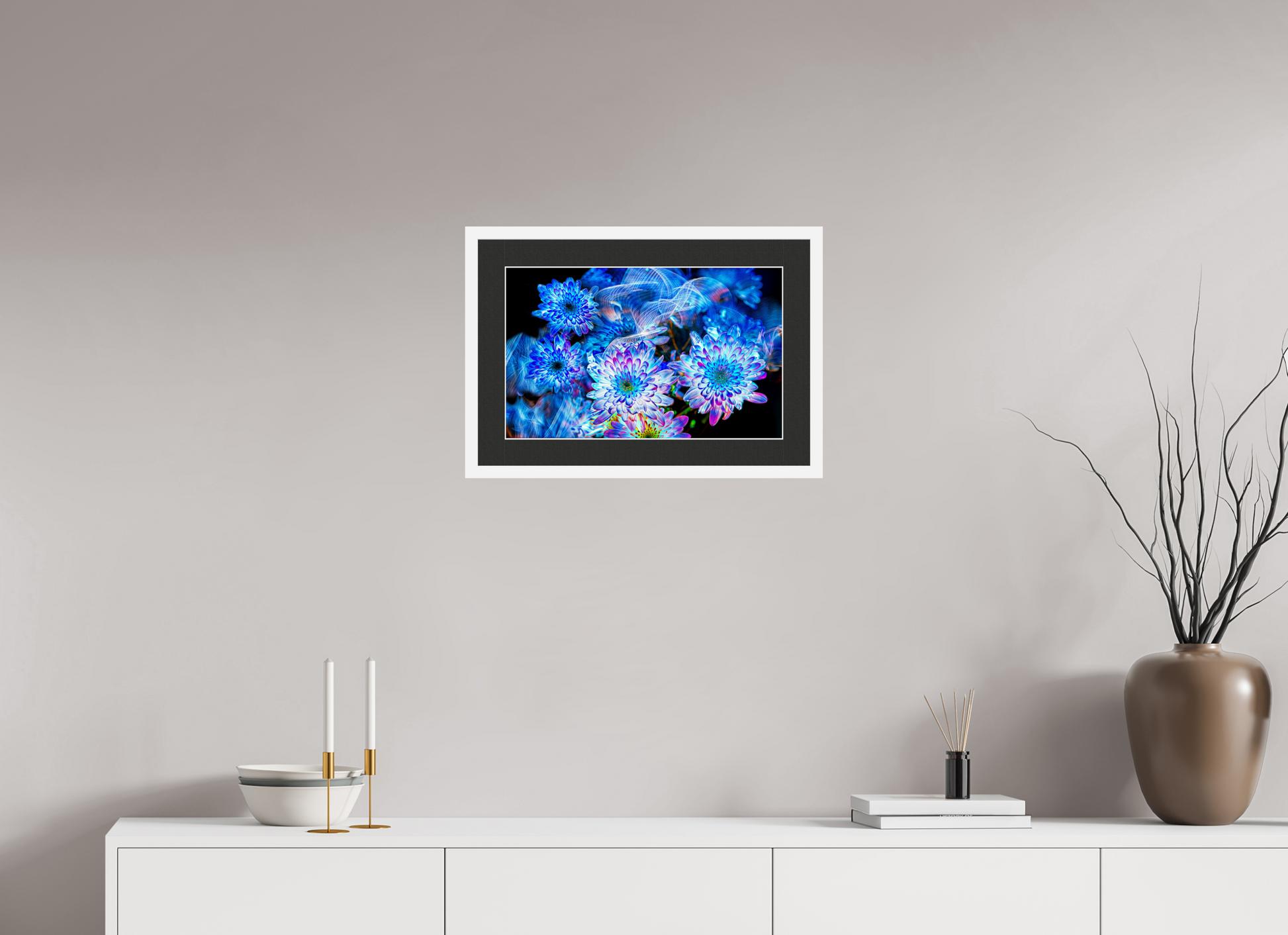 48 x 30 cm, 7 White Frame: Black Mat with White Border Blooms in the Celestial Current