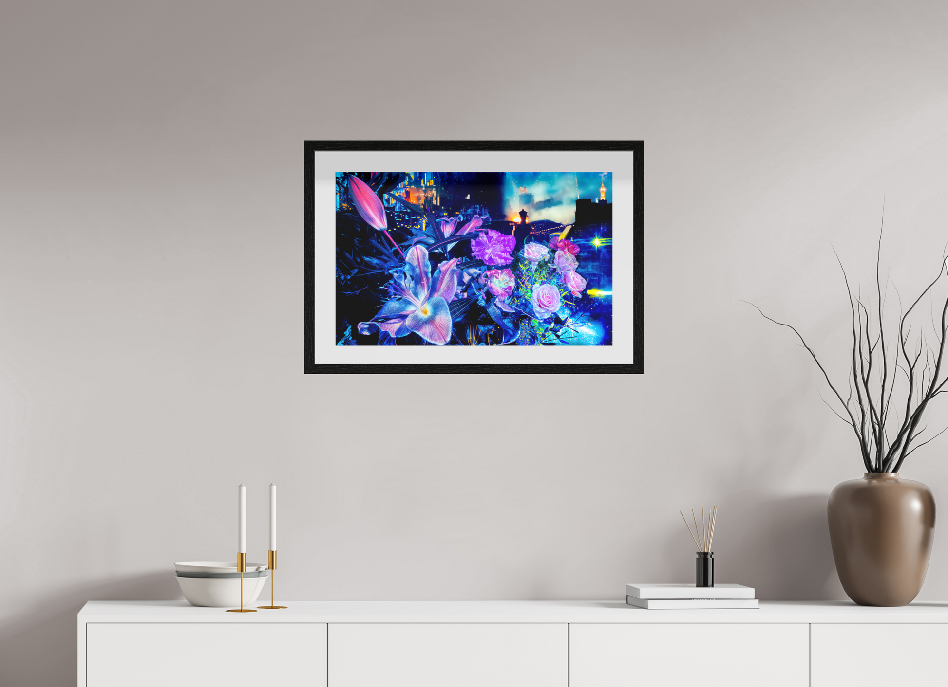 63.8 x 40 cm, 10 Floating Black Frame Petals watching over the metropolis