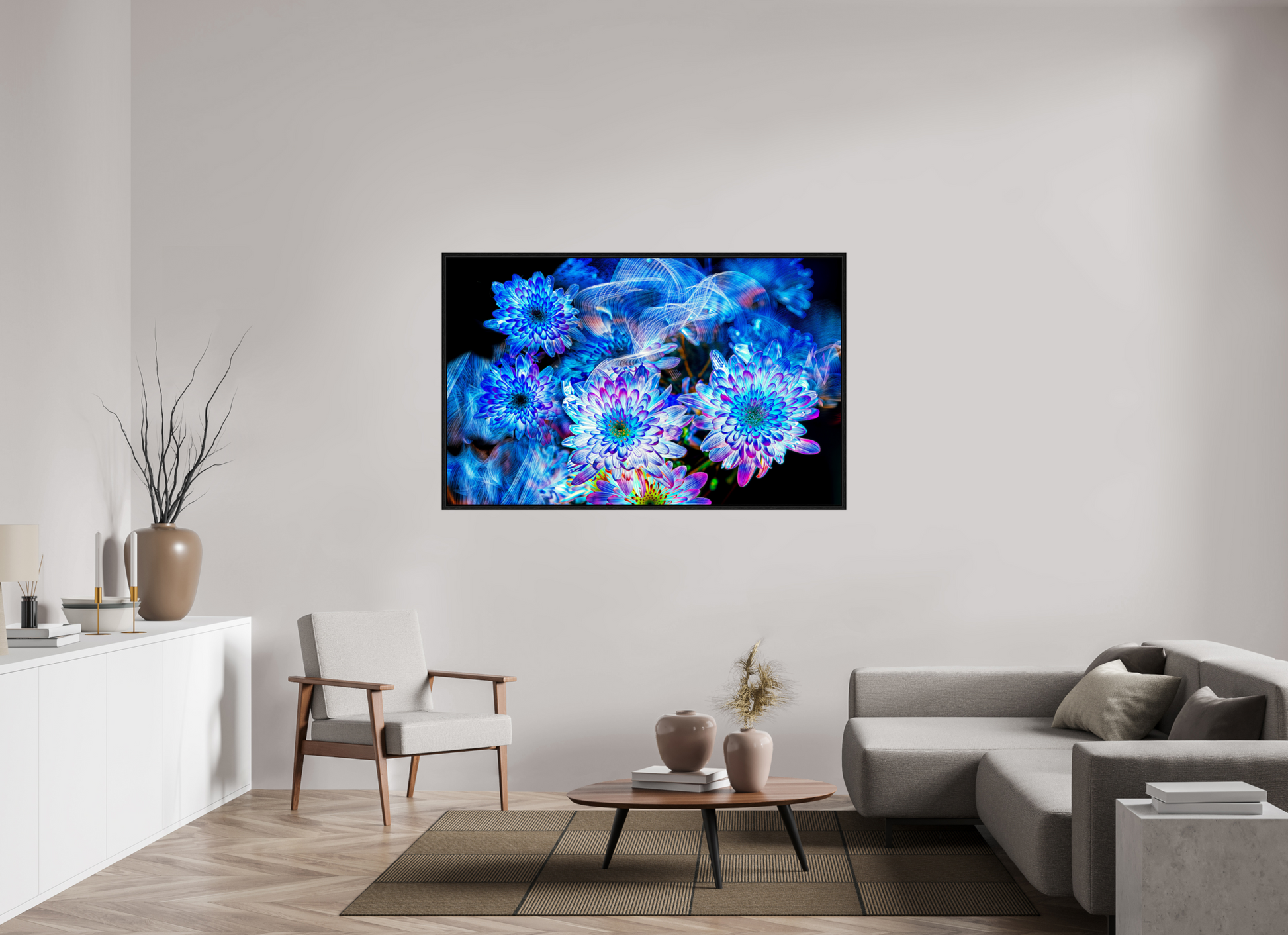 160 x 100 cm, 8 Black American Box Blooms in the Celestial Current