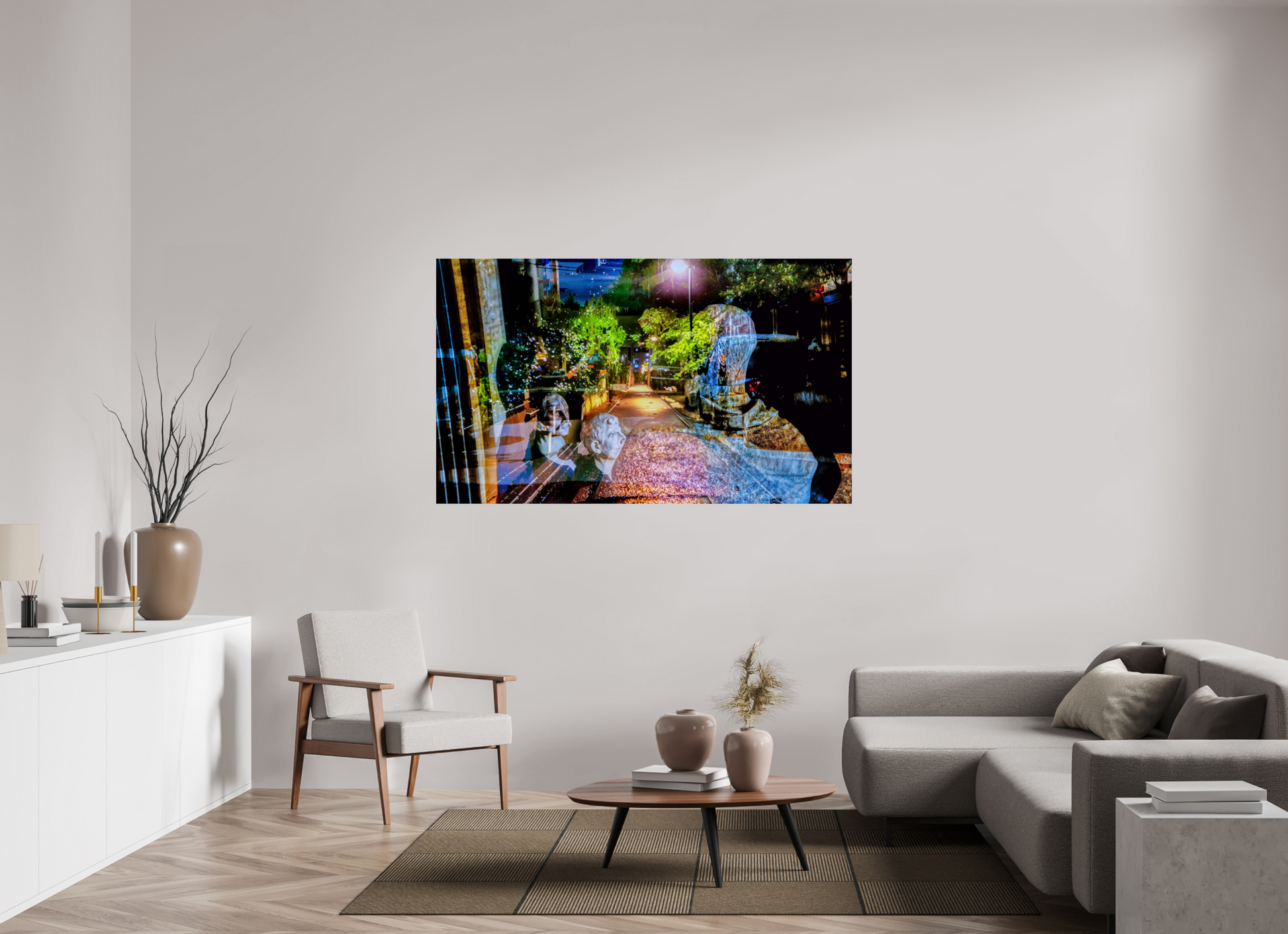 169.5 x 100 cm, 2 Photo print mounted on Dibond The watchers of a nighttime passage