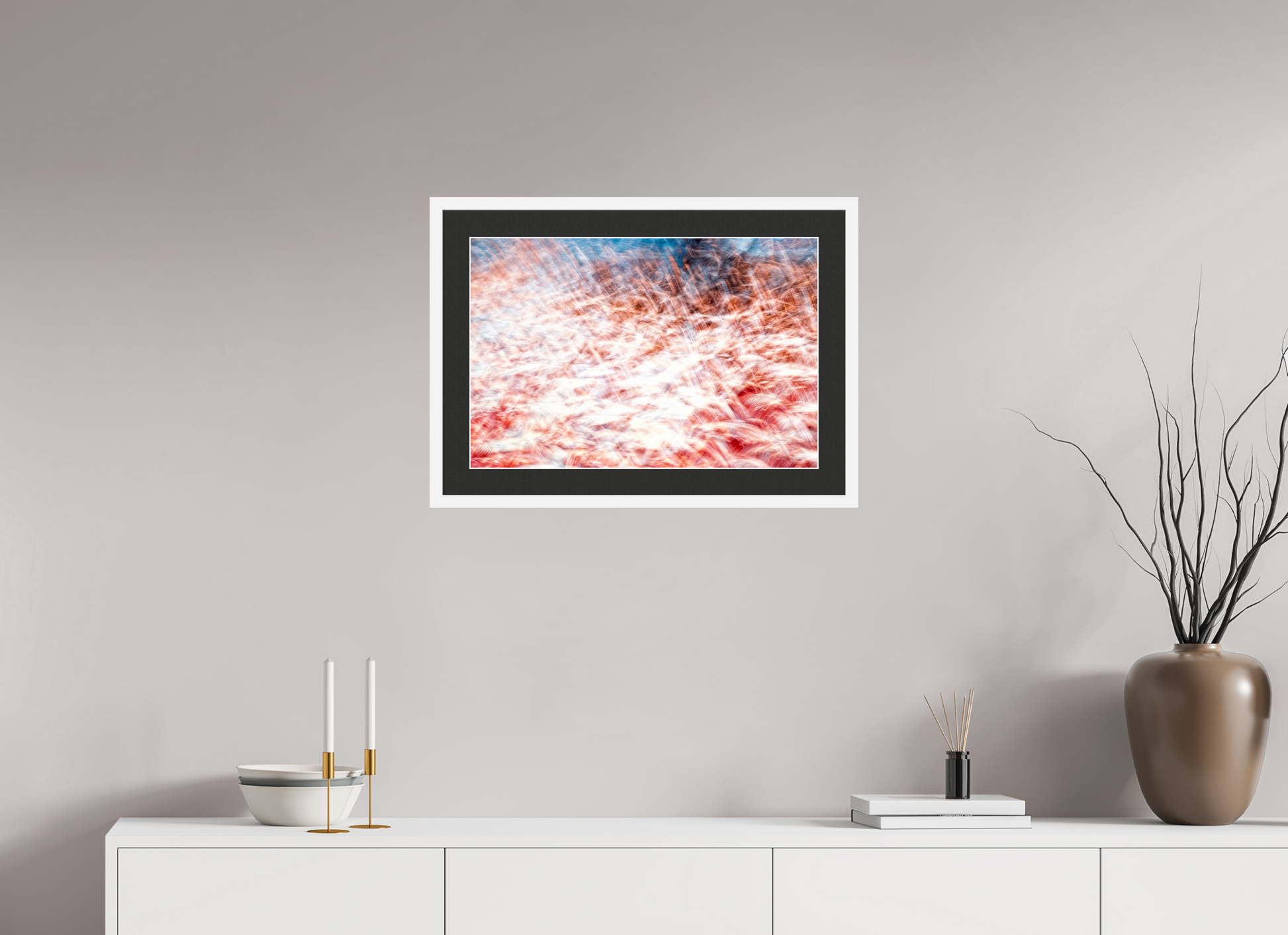 60 x 40 cm, 7 White Frame: Black Mat with White Border The Sea of Red Feathers