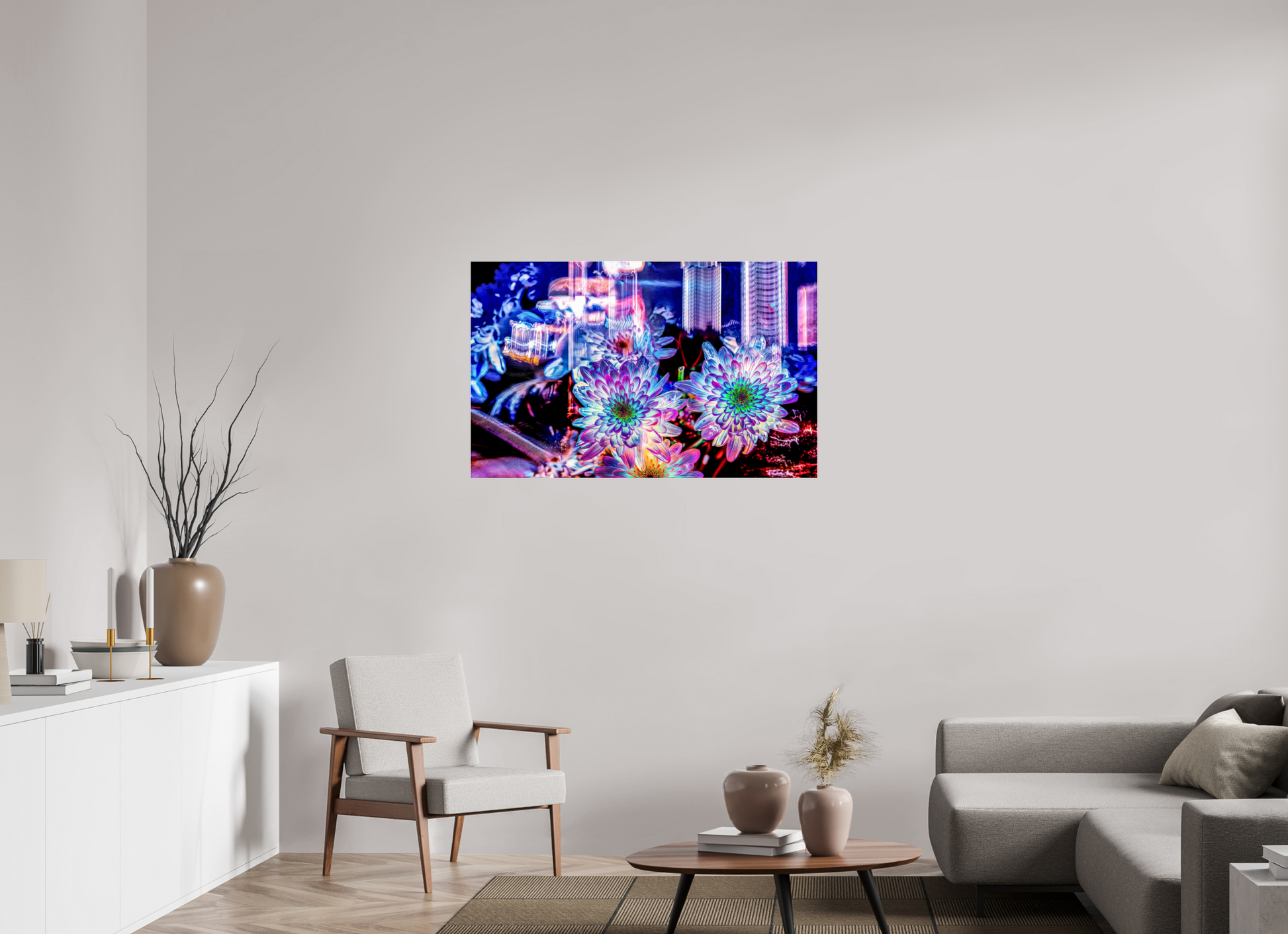 112 x 70 cm, 3 Tirage photo sous Verre acrylique Murmure floral suspendu entre deux éclairs