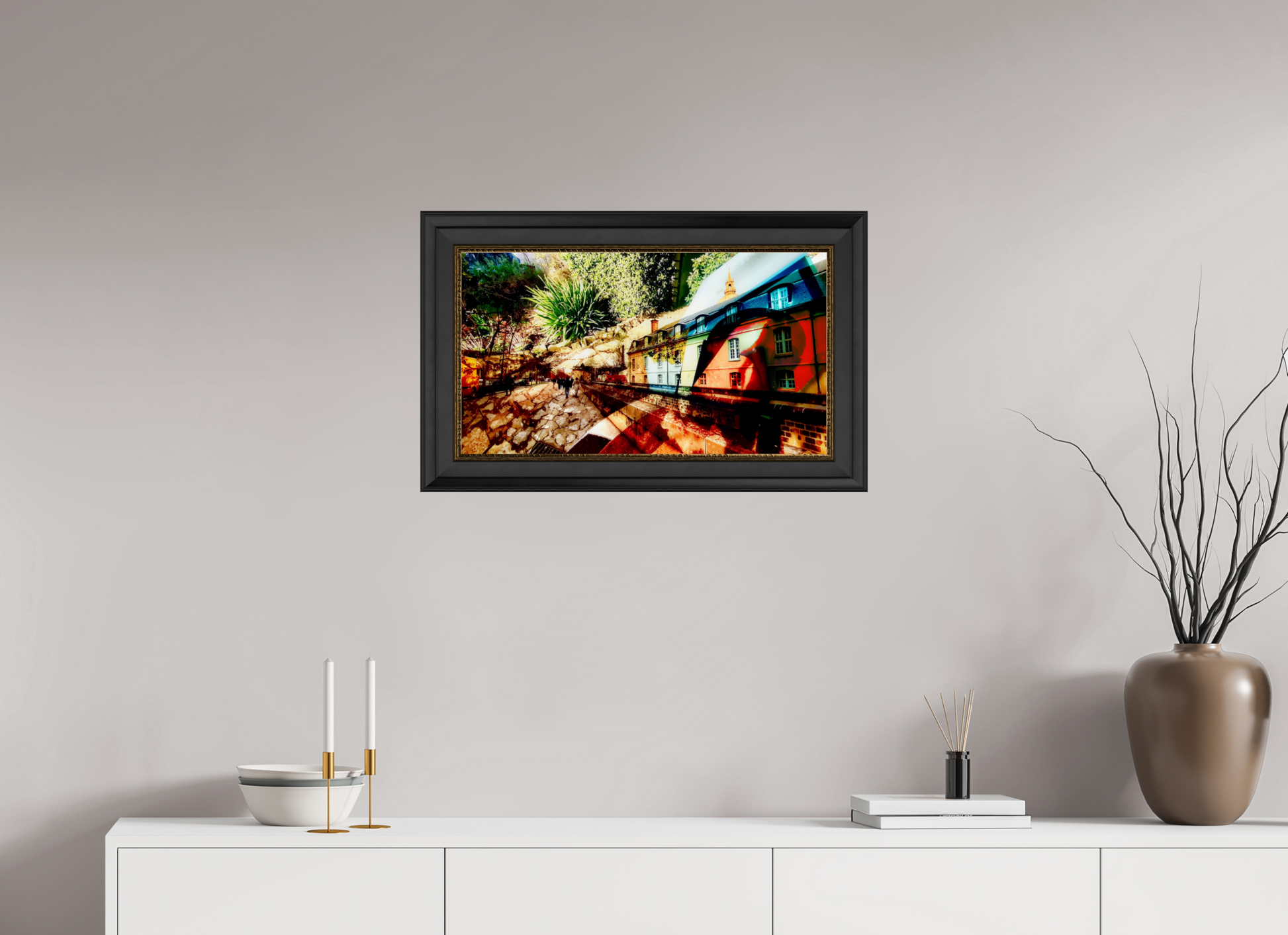 64 x 36 cm, 11 Black-Gold Frame Houses beneath the bark of the world