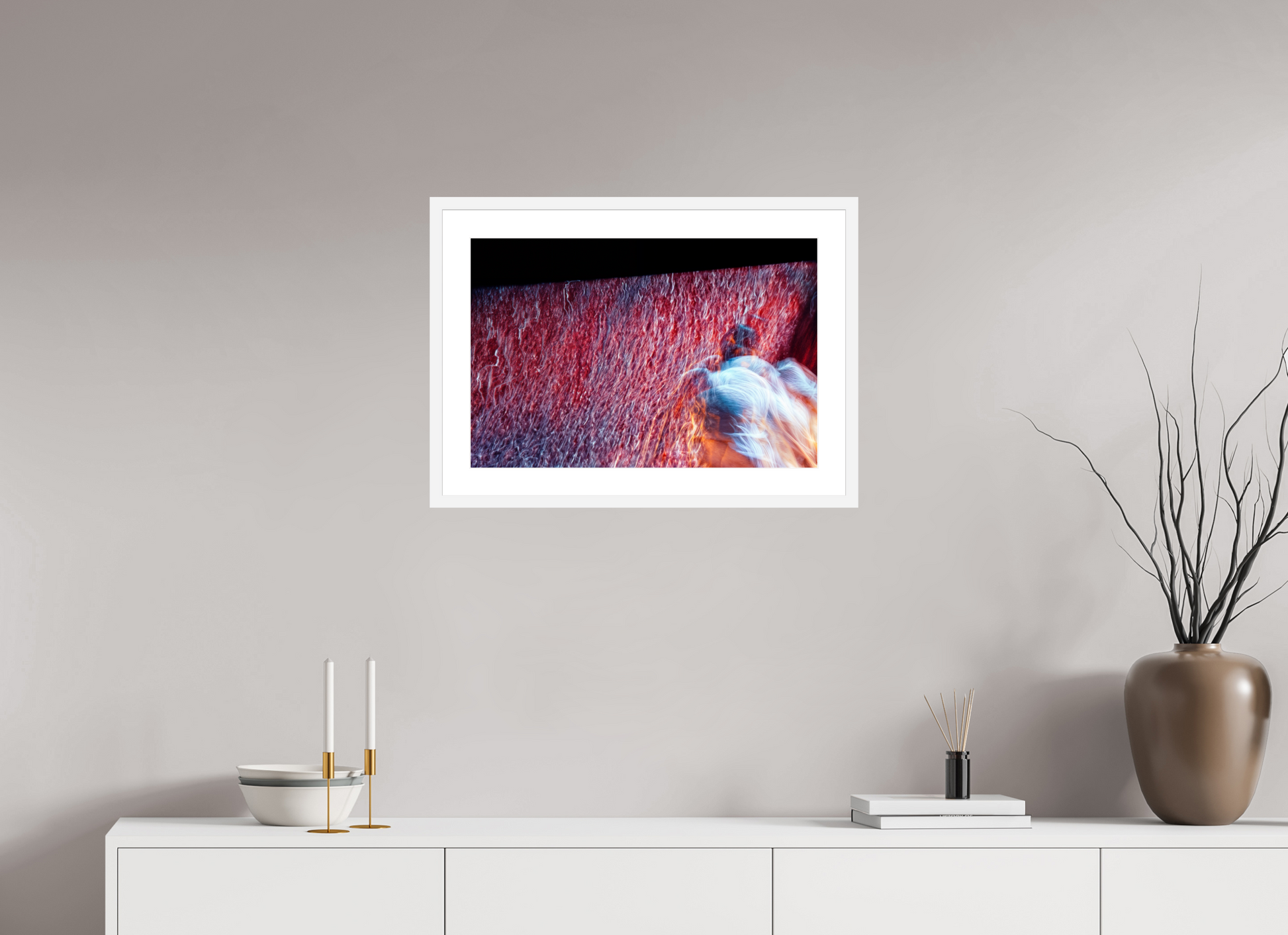 60 x 40 cm, 6 White Frame: White Mat Where fire turns into rain