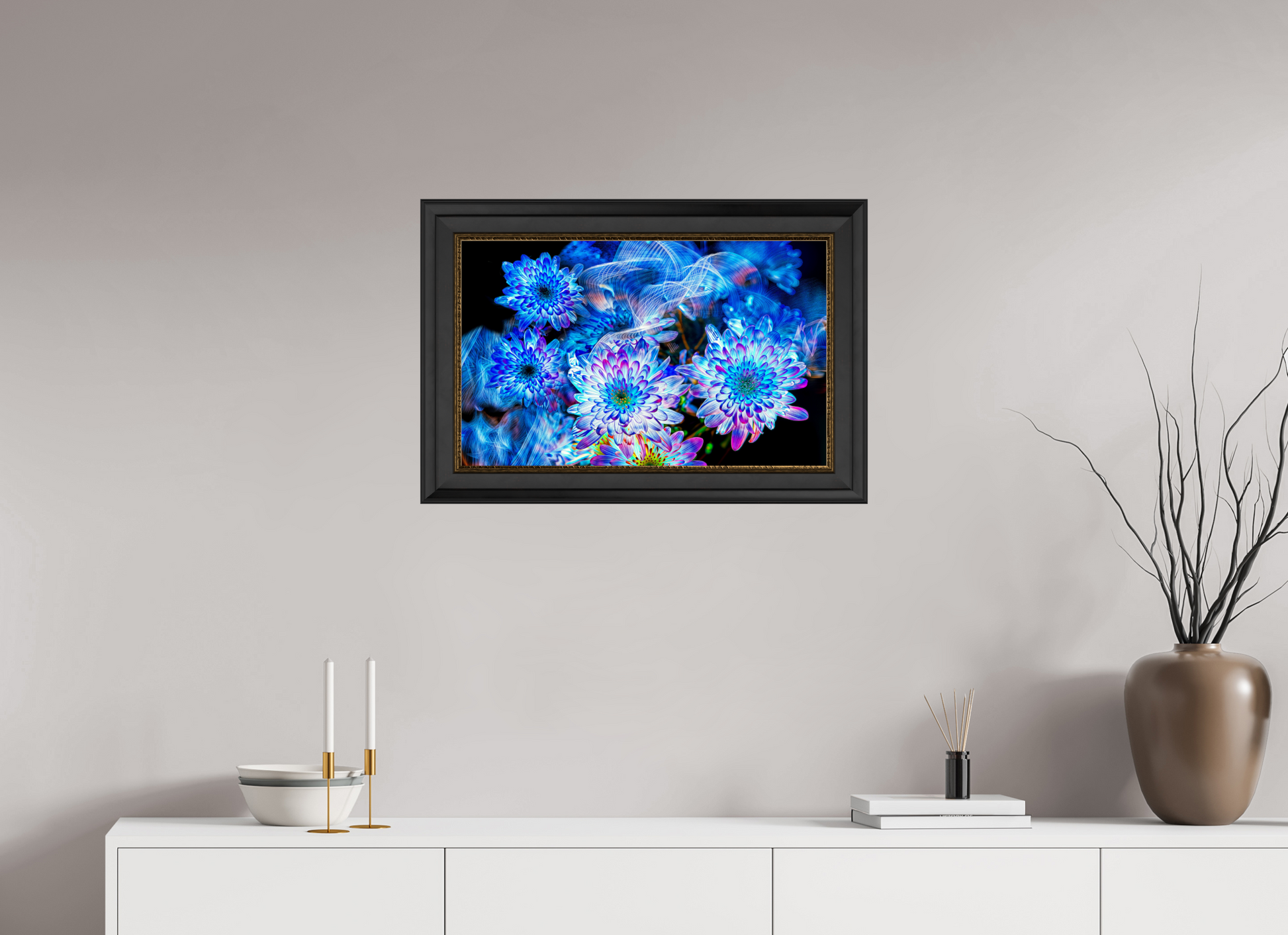 64 x 40 cm, 11 Black-Gold Frame Blooms in the Celestial Current