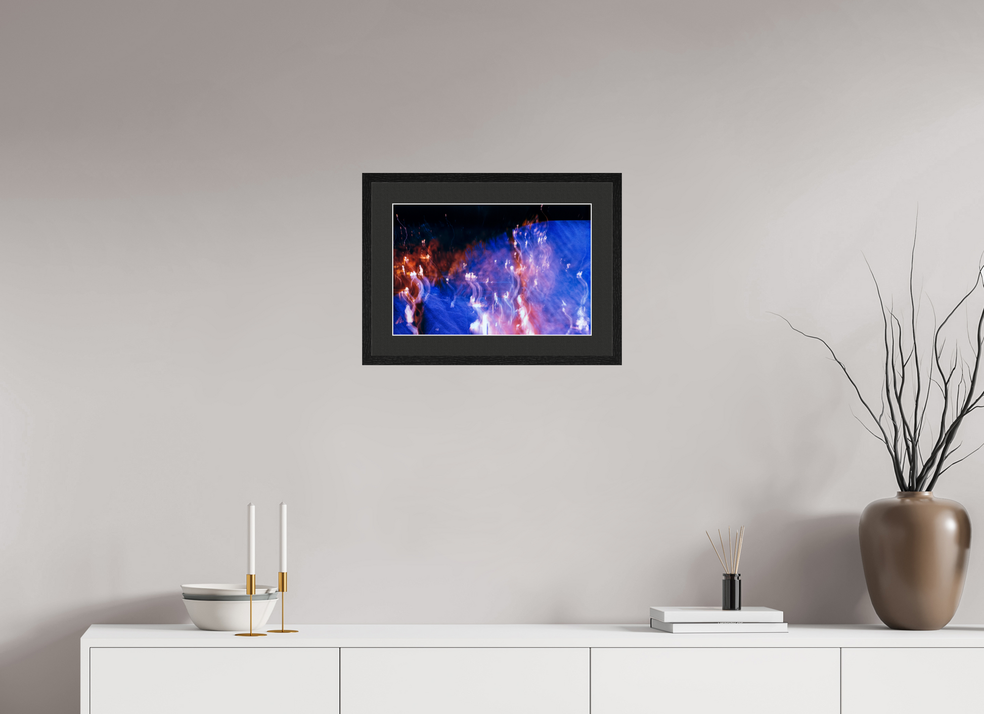 45 x 30 cm, 5 Black Frame: Black Mat with White Border Song of Wandering Flames