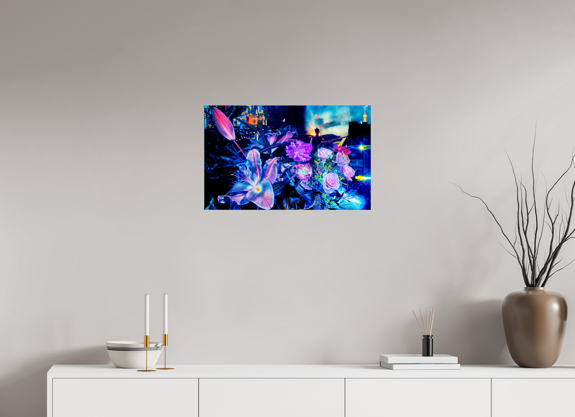 63.8 x 40 cm, 2 Photo print mounted on Dibond Petals watching over the metropolitan city