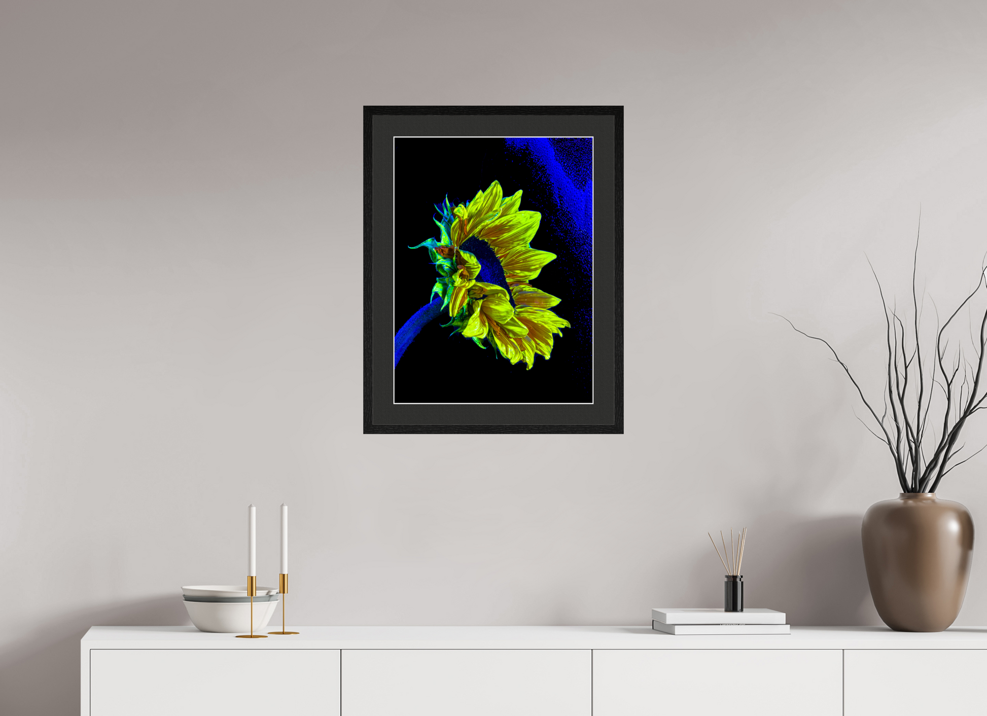 45 x 60 cm, 5 Black Frame: Black Mat with White Border Gold lost in the blue of silence