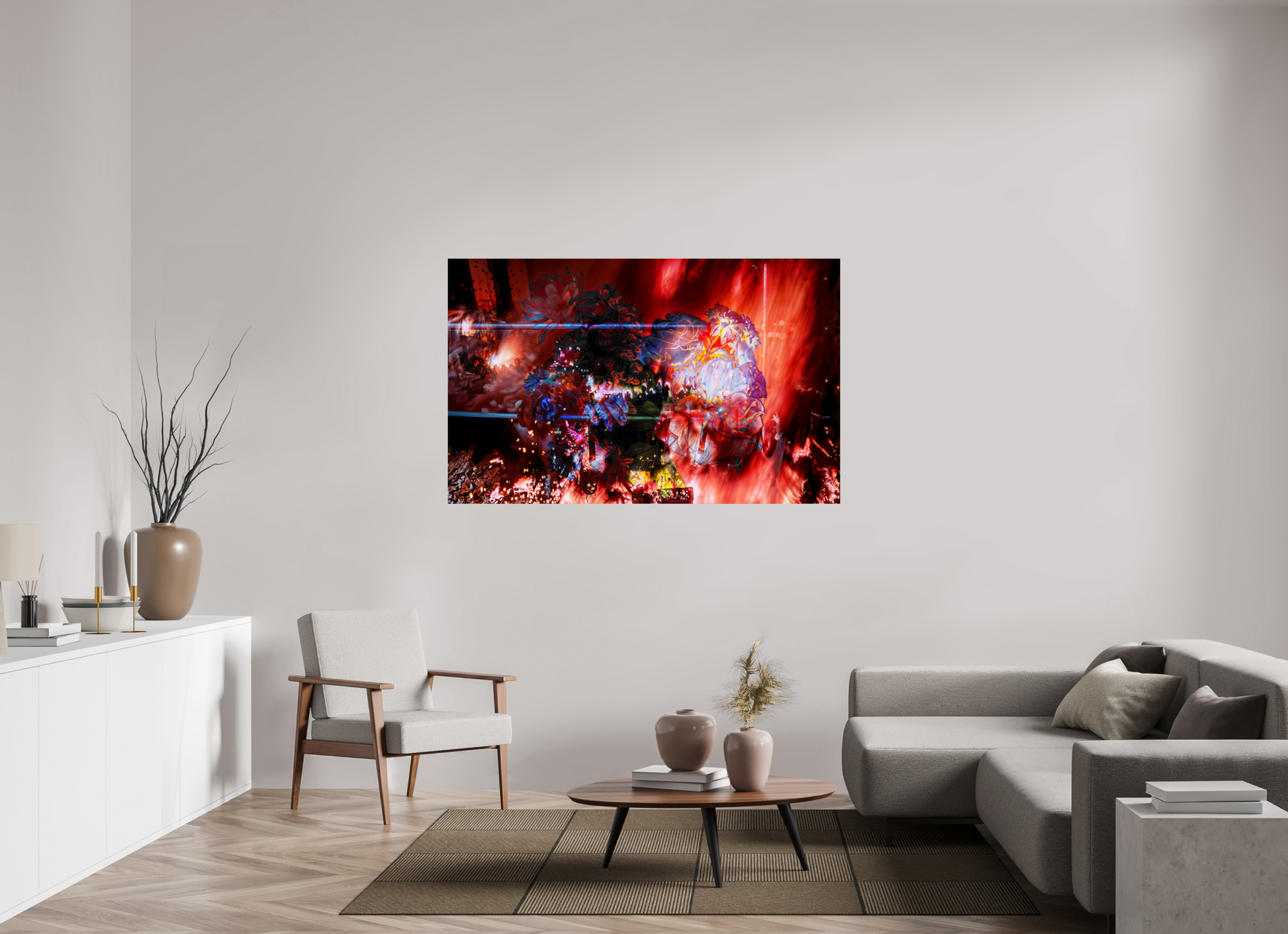 160 x 100 cm, 2 Tirage photo contrecollé sur Dibond L’étreinte des pétales ardents