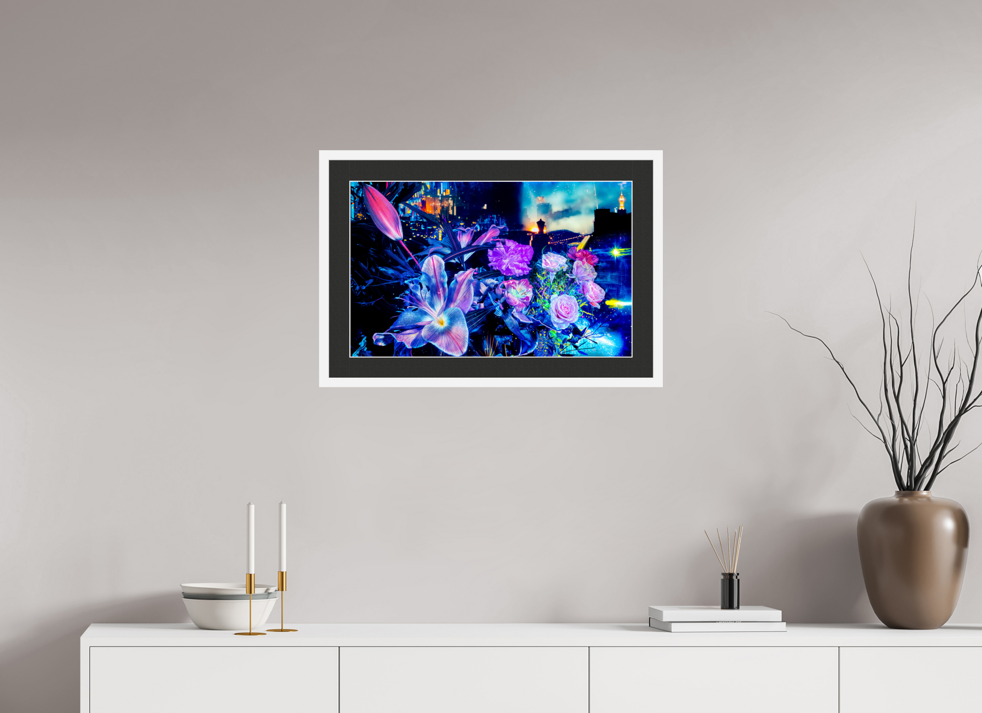 63.8 x 40 cm, 7 White Frame: Black Mat with White Border Petals watching over the metropolitan city