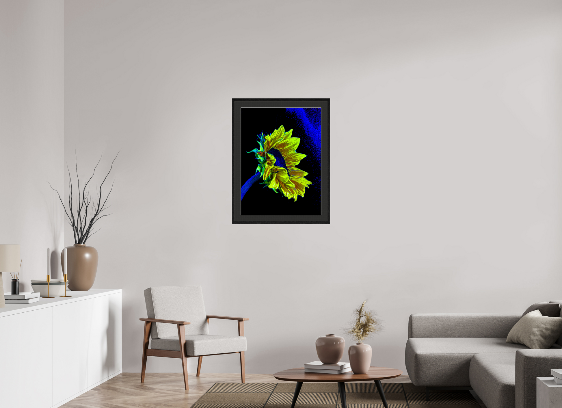 60 x 80 cm, 5 Black Frame: Black Mat with White Border Gold lost in the blue of silence