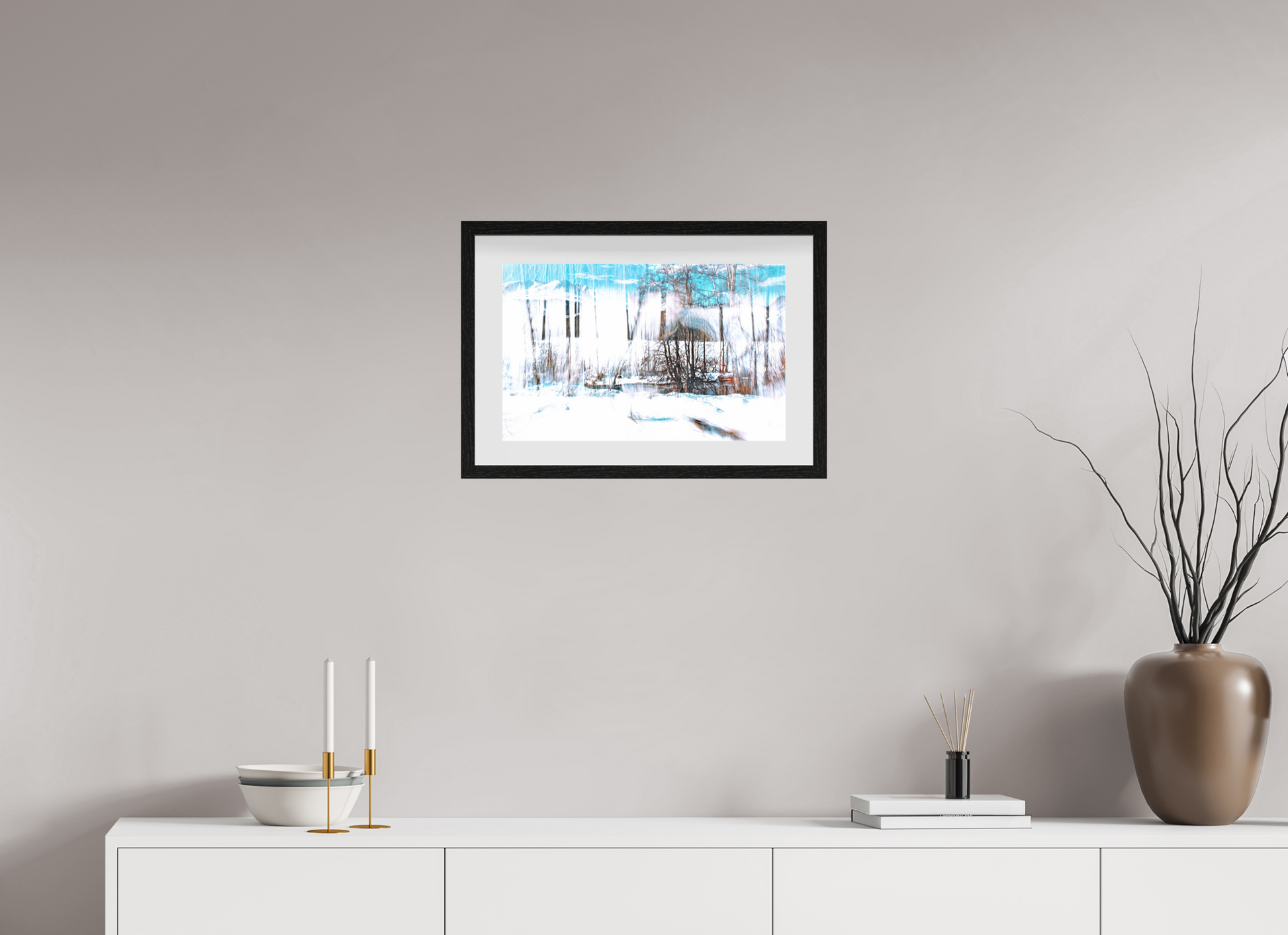 48 x 30 cm, 10 Black Floating Frame LA The Forest Singing Snow