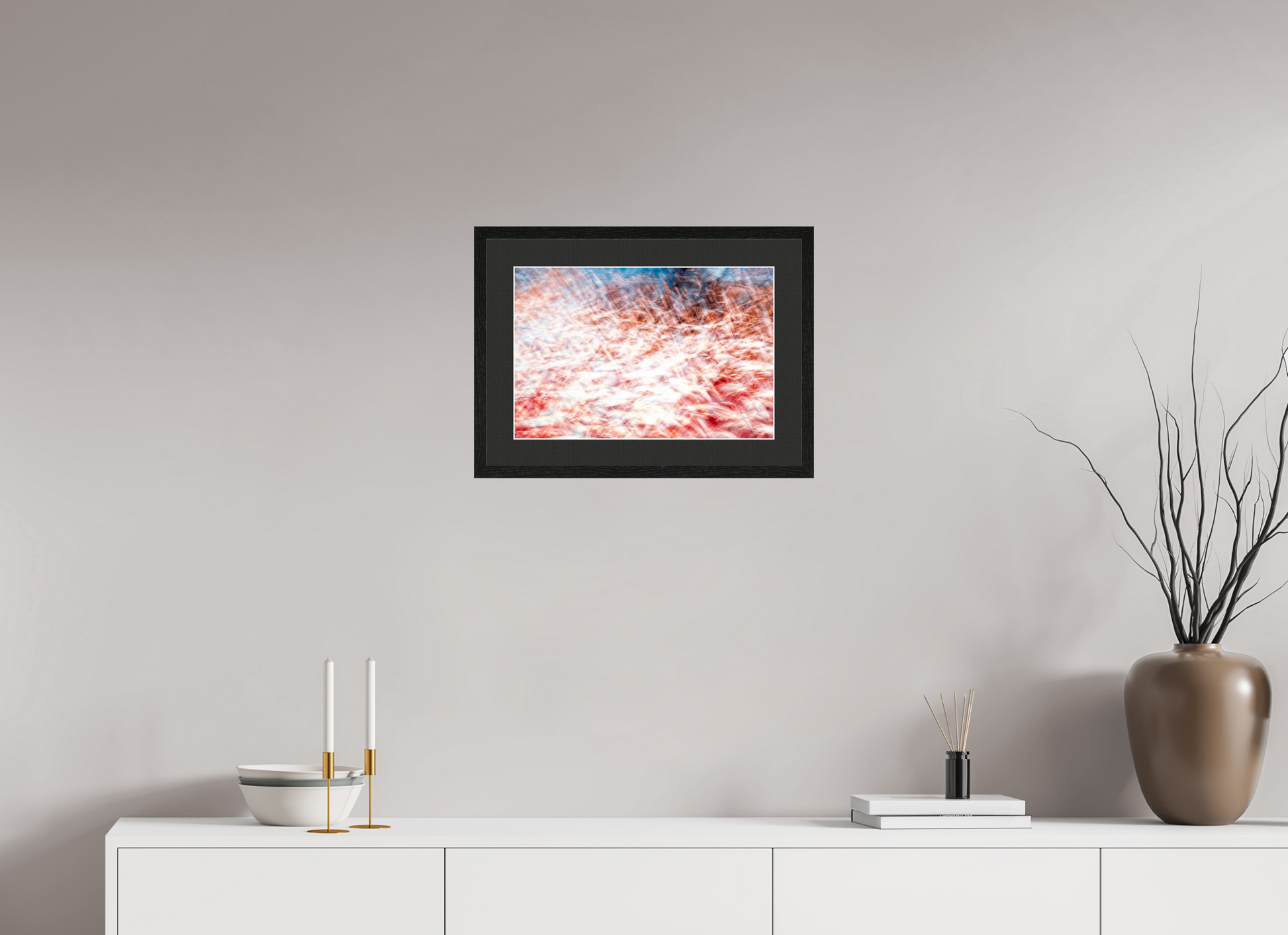 45 x 30 cm, 5 Black Frame: Black Mat with White Border The Sea of Red Feathers