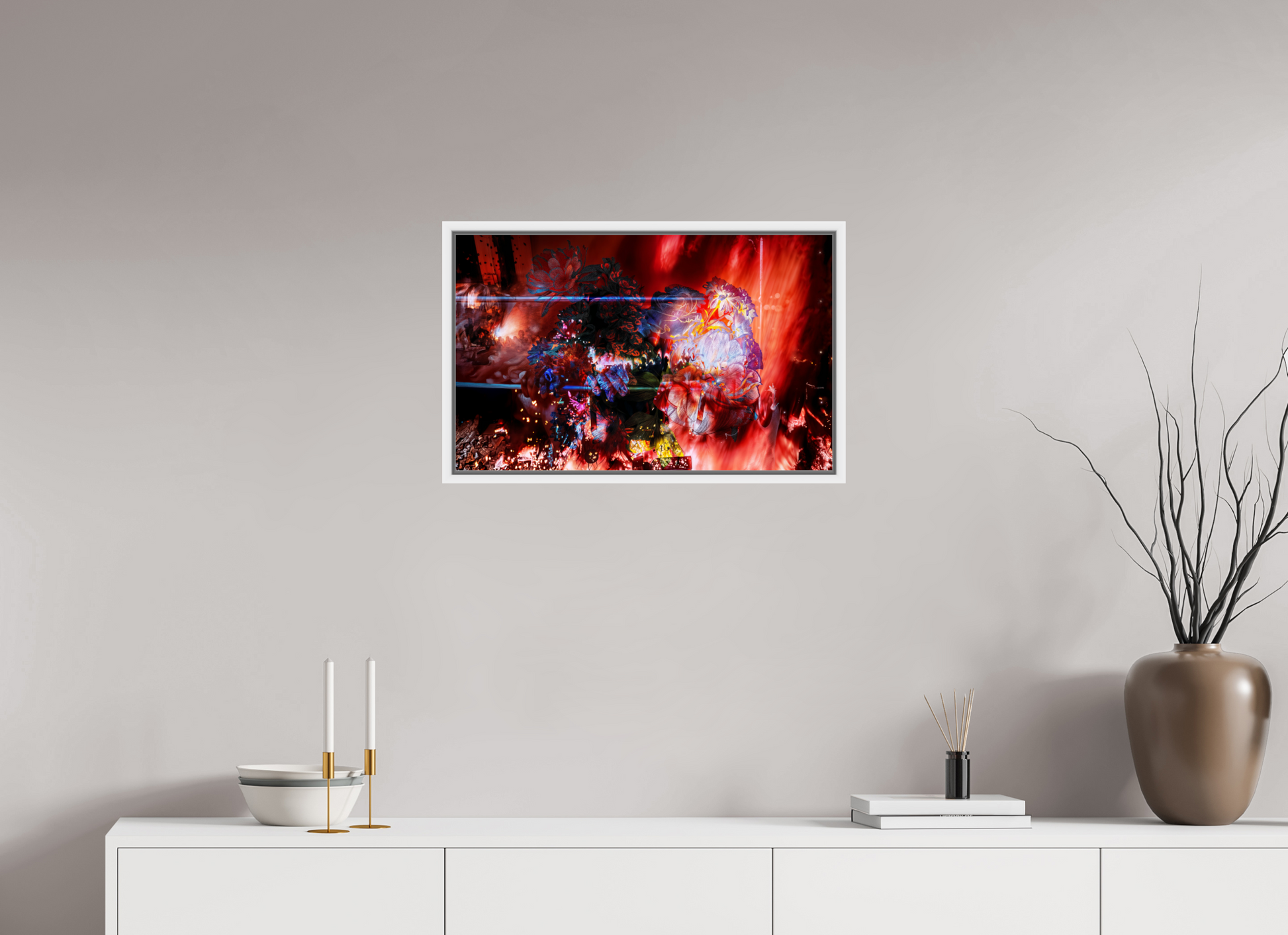 64 x 40 cm, 9 Caisse américaine Blanche L’étreinte des pétales ardents