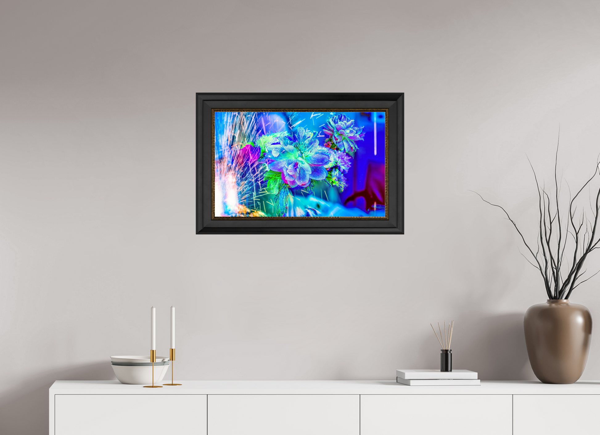 64 x 40 cm, 11 Cadre Noir-Or Quand la lumière se brise en fleurs