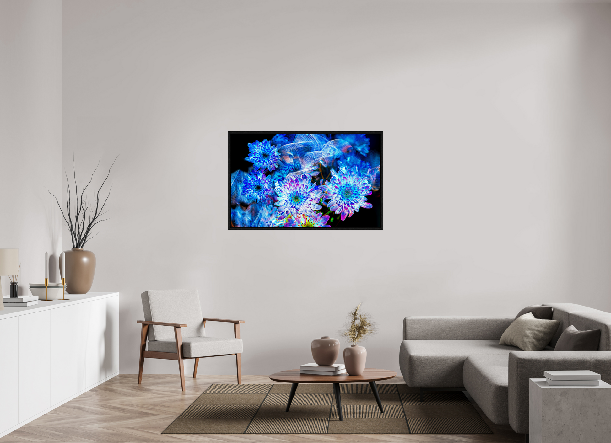 128 x 80 cm, 8 Black American Box Blooms in the Celestial Current