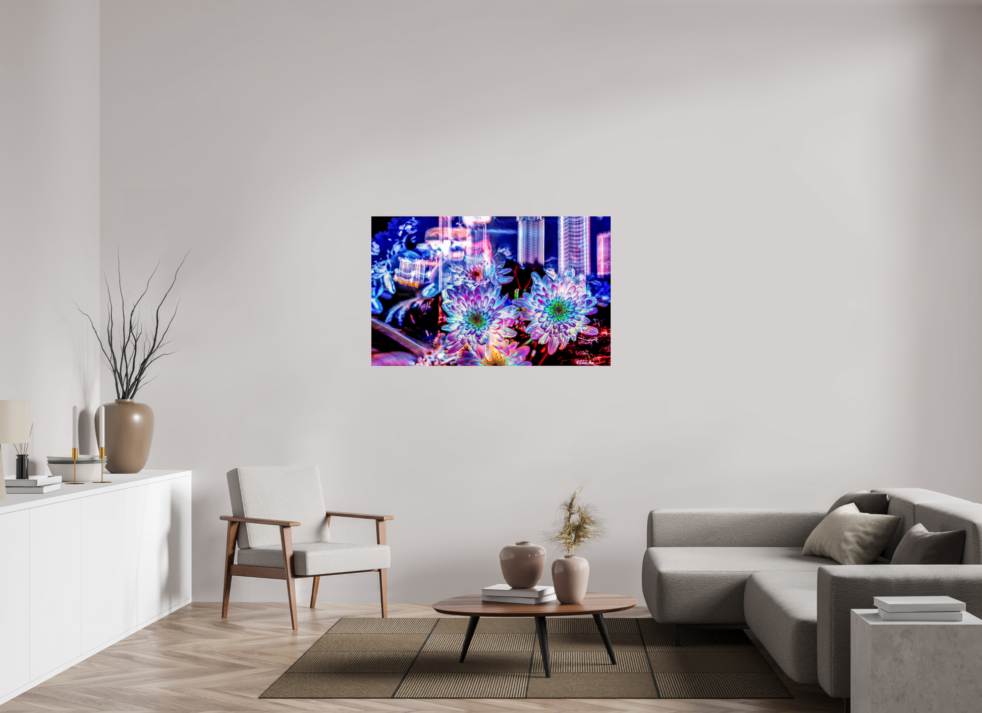 128 x 80 cm, 3 Tirage photo sous Verre acrylique Murmure floral suspendu entre deux éclairs