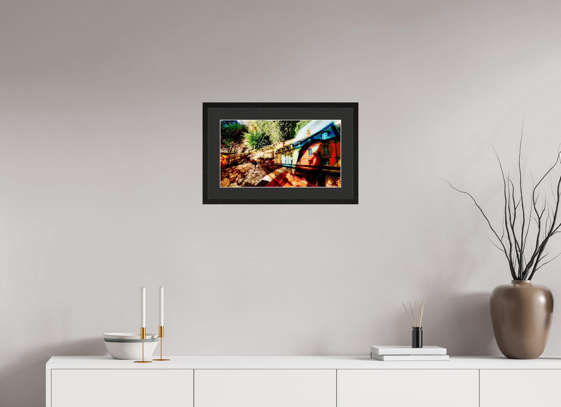 48 x 27 cm, 5 Black Frame: Black Mat with White Border Houses beneath the bark of the world