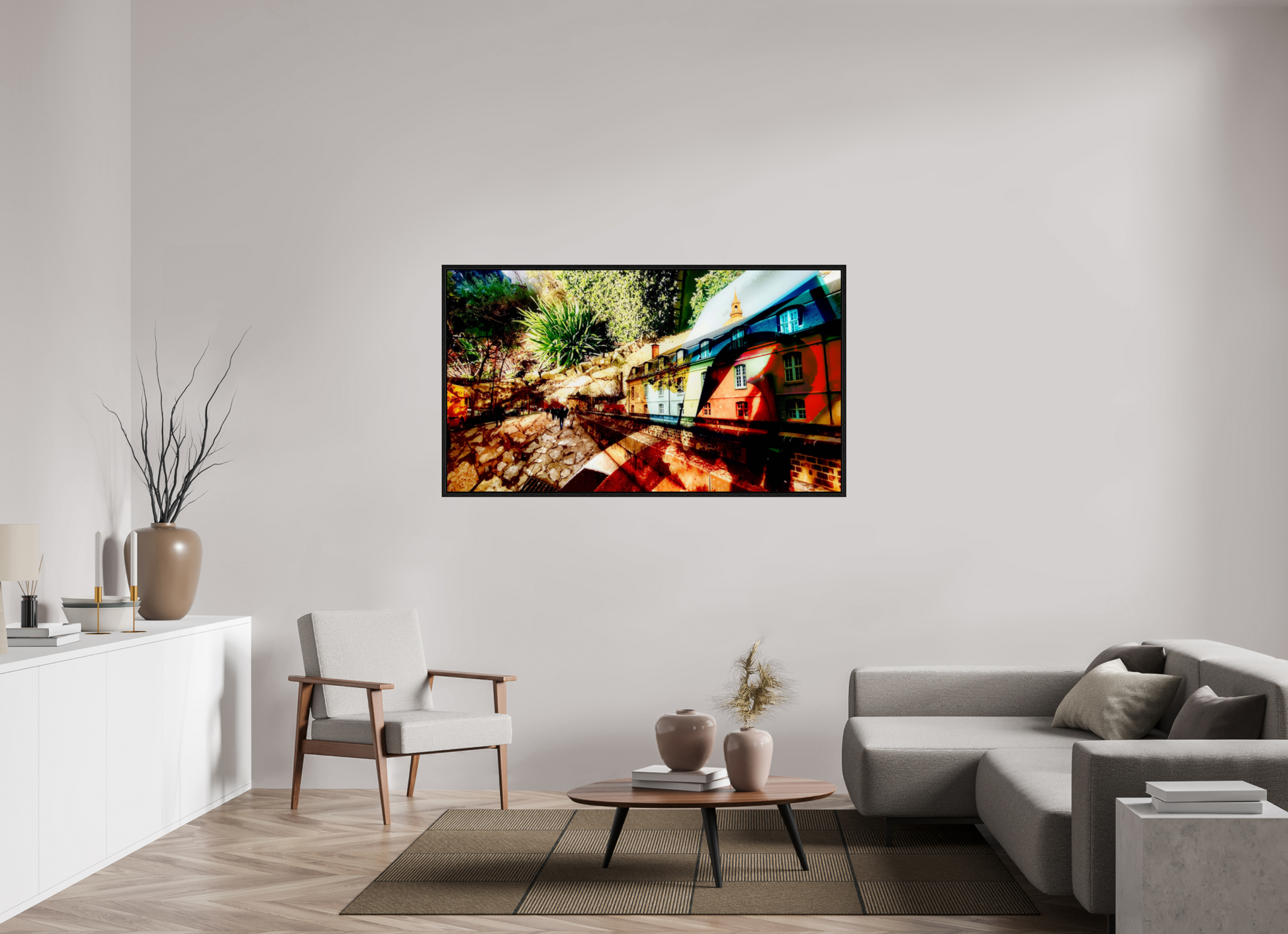 160 x 90 cm, 8 Black American Box Houses beneath the bark of the world