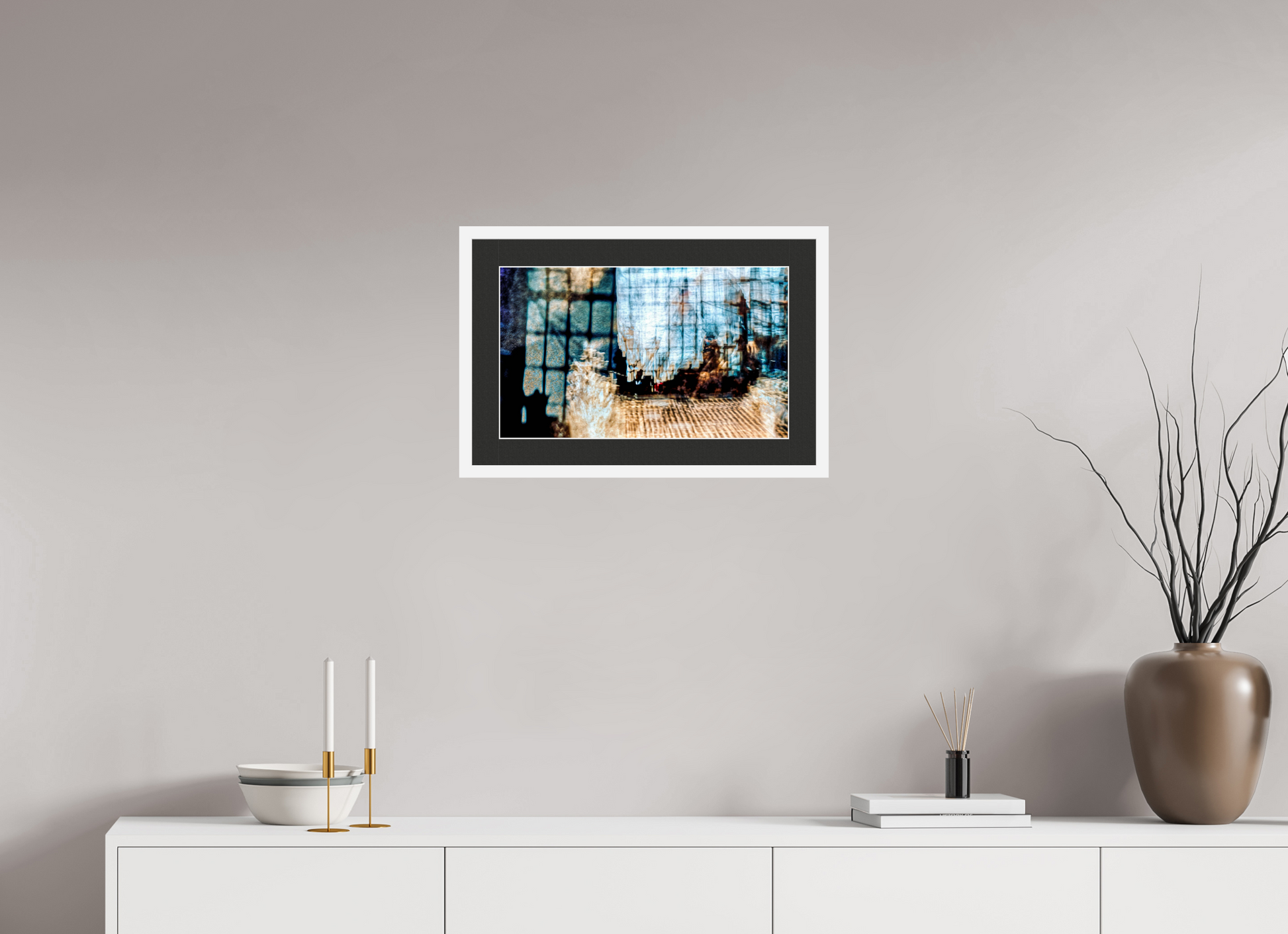 50 x 30 cm, 7 White Frame: Black Mat with White Border Reflection of a World in Suspension