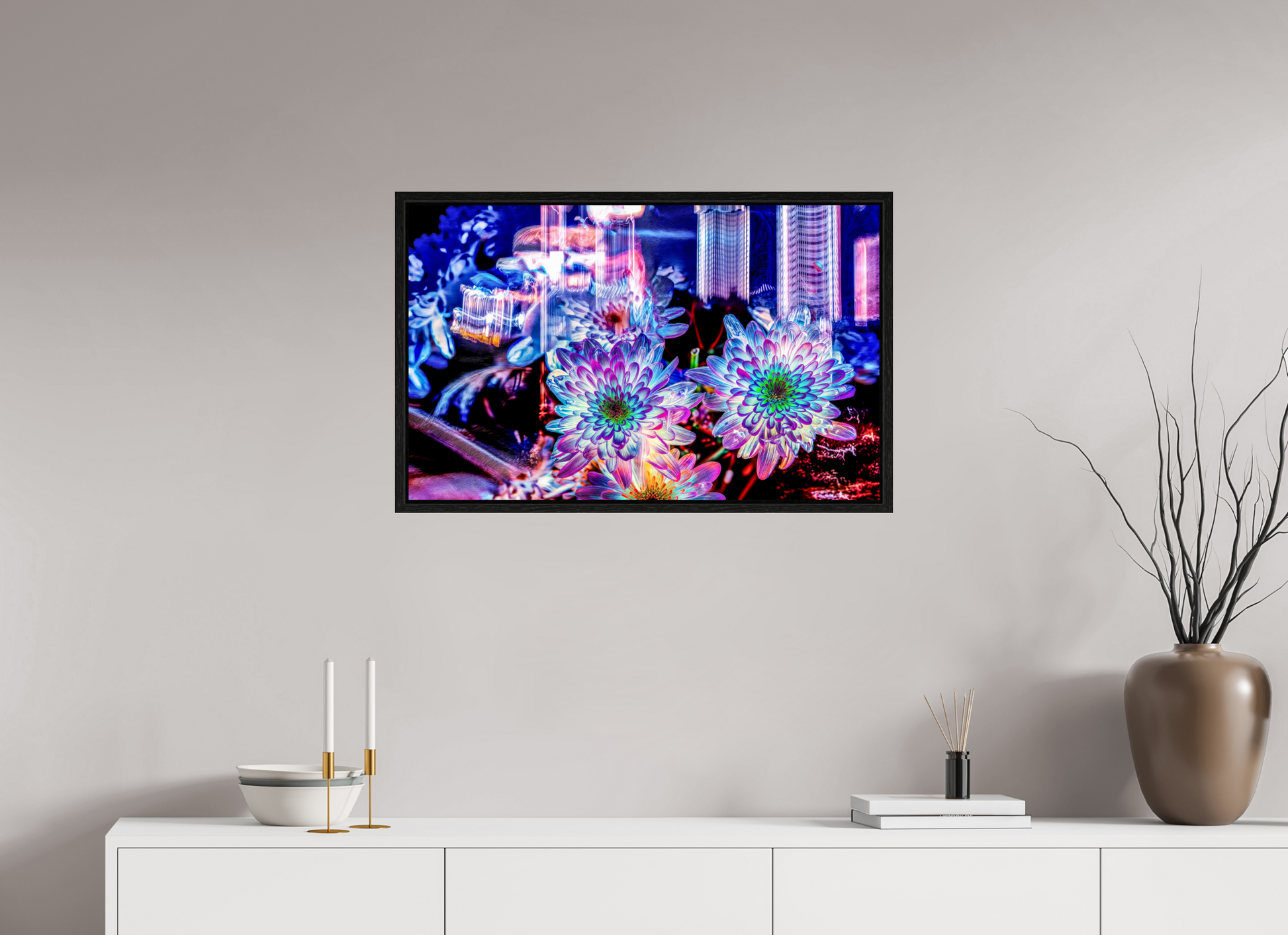 80 x 50 cm, 8 Caisse américaine Noire Murmure floral suspendu entre deux éclairs