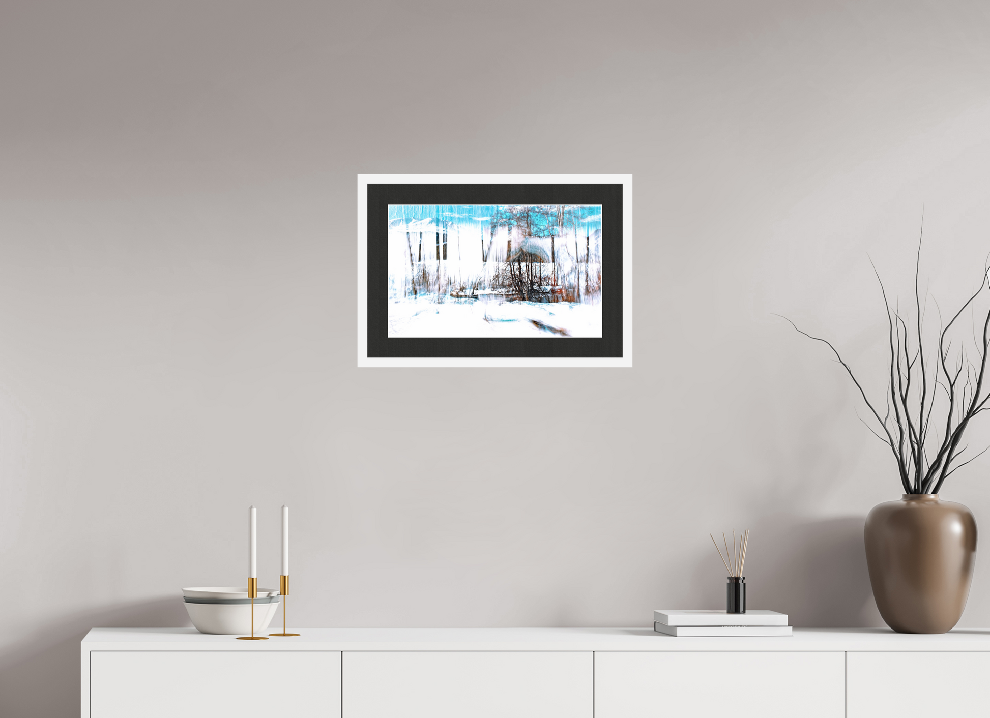 48 x 30 cm, 7 White Frame: Black Mat with White Border LA Forest Singing Snow