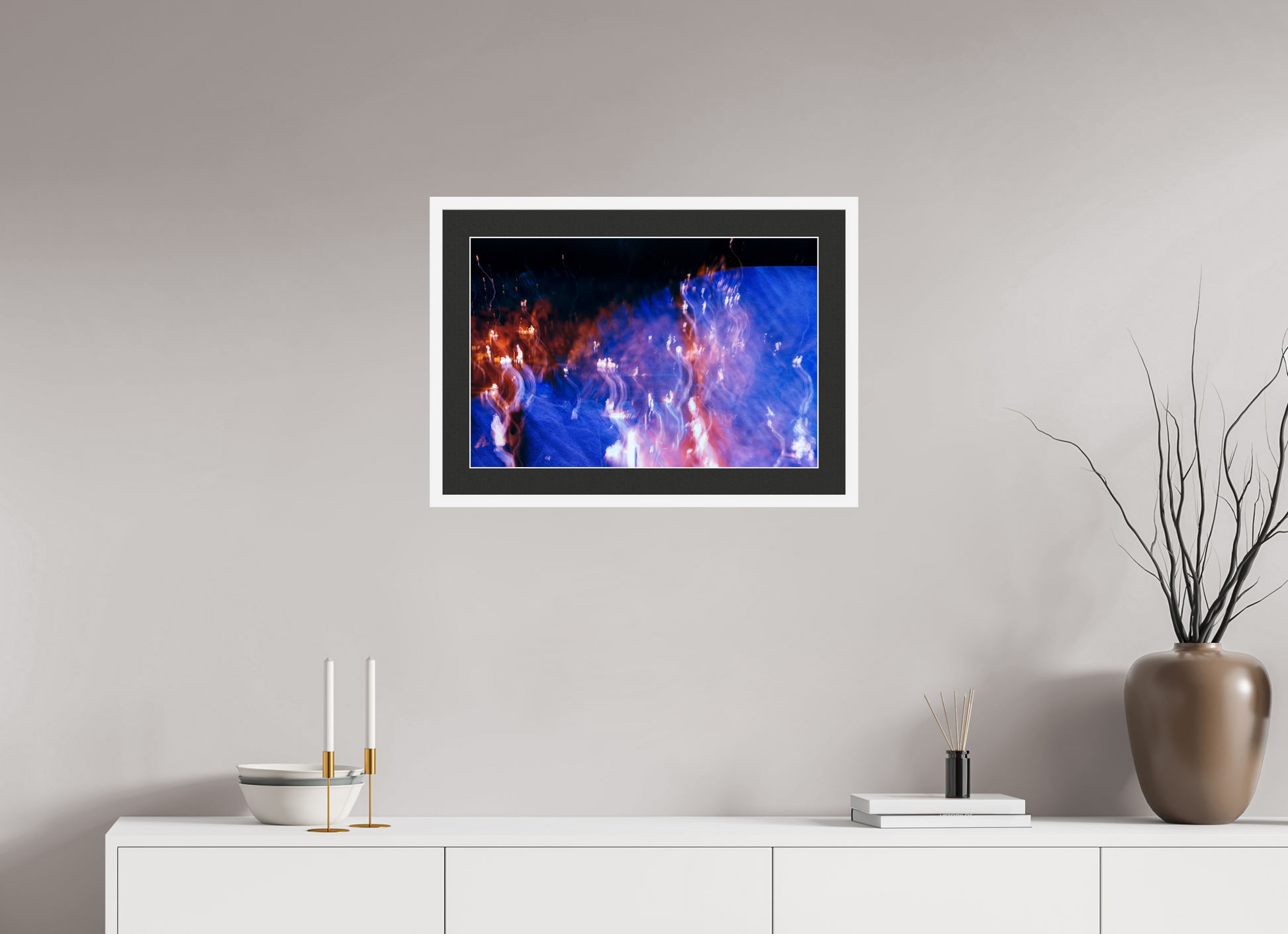 60 x 40 cm, 7 White Frame: Black Mat with White Border Song of Wandering Flames