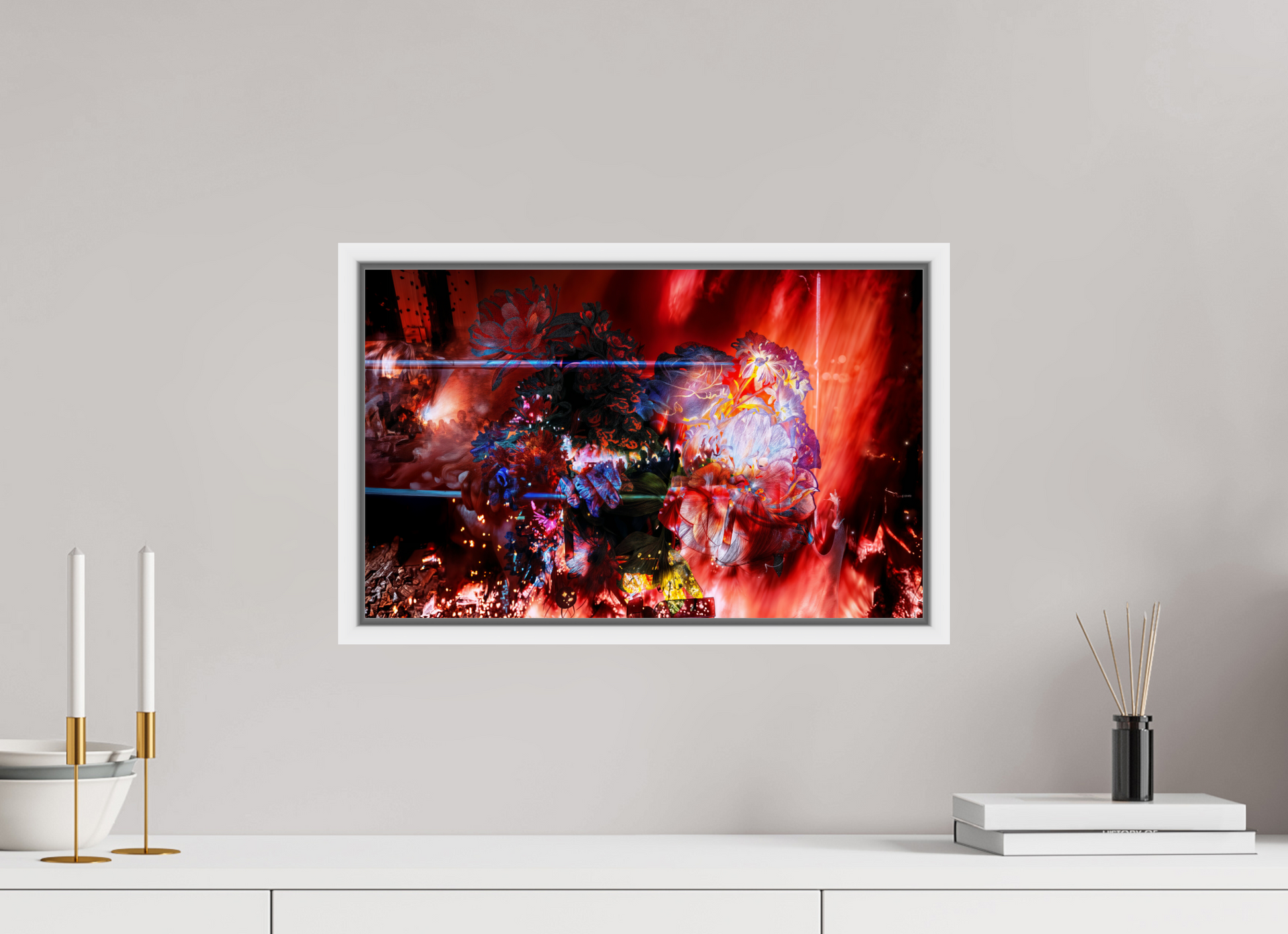 48 x 30 cm, 9 Caisse américaine Blanche L’étreinte des pétales ardents