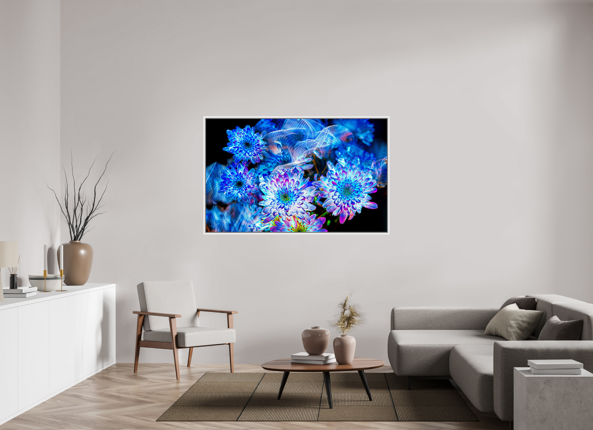 160 x 100 cm, 9 White American Box Blooms in the Celestial Current
