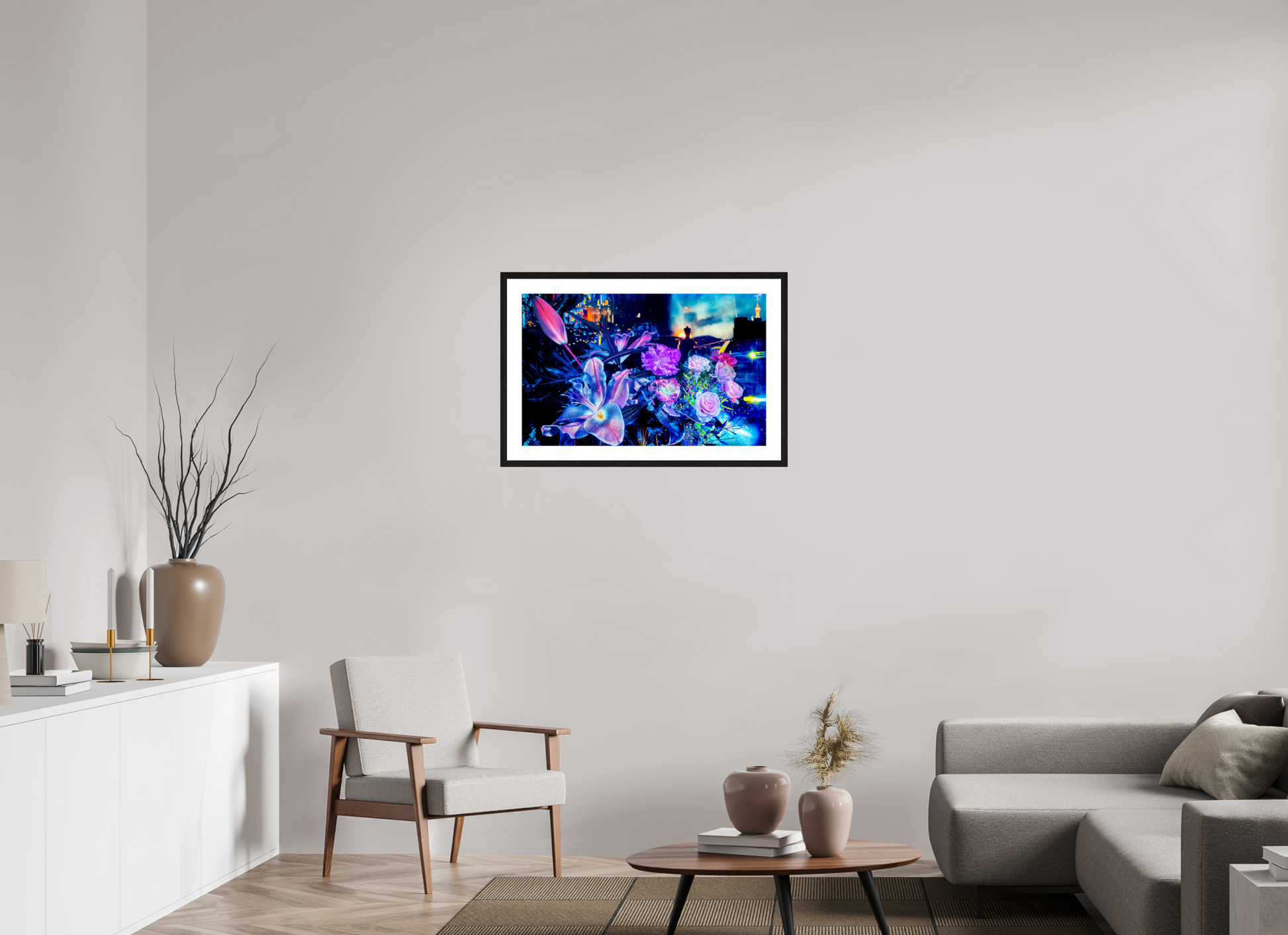 79.8 x 50 cm, 4 Black Frame: White Mat Petals watching over the metropolitan city