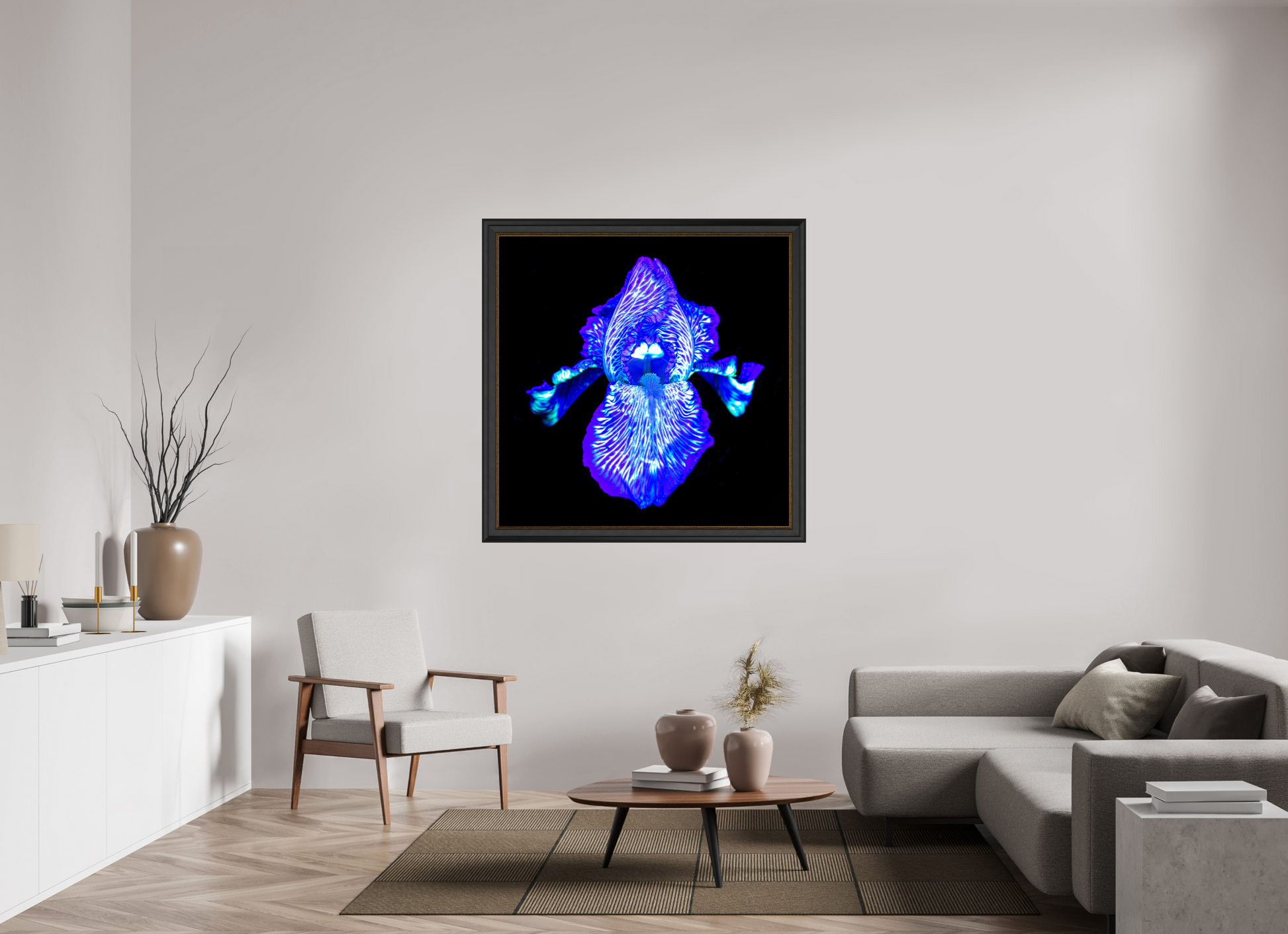 120 x 120 cm, 11 Cadre Noir-Or Iris des Profondeurs Lumineuses