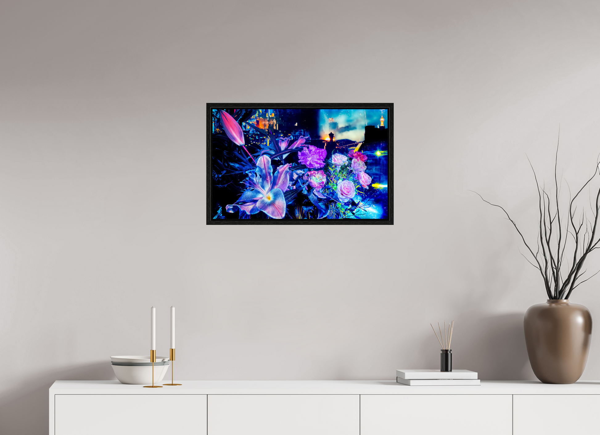 63.8 x 40 cm, 8 Black American Box Petals watching over the metropolitan city