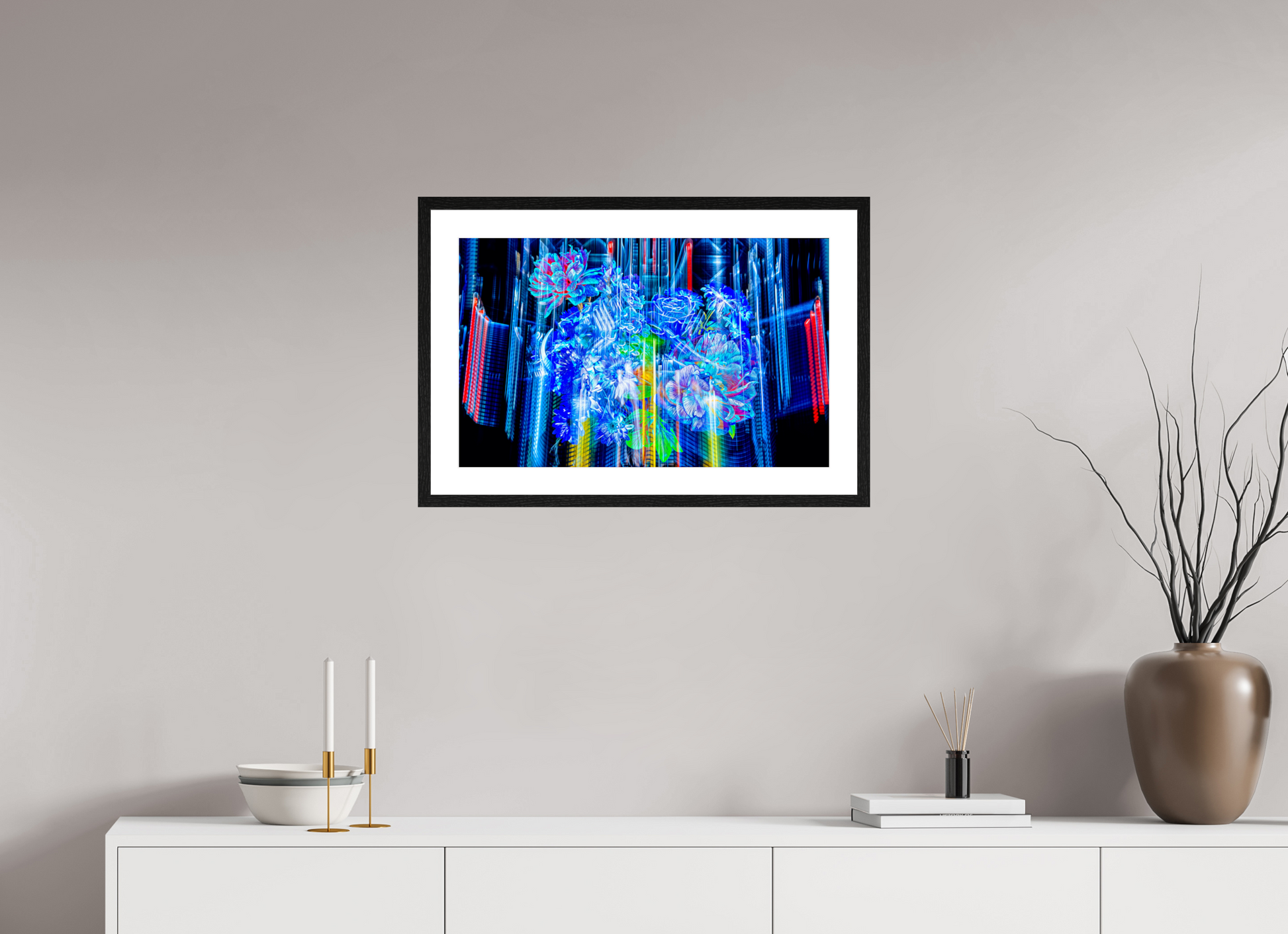 64 x 40 cm, 4 Cadre Noir : Passe-Partout Blanc Floraisons du monde cybernétique