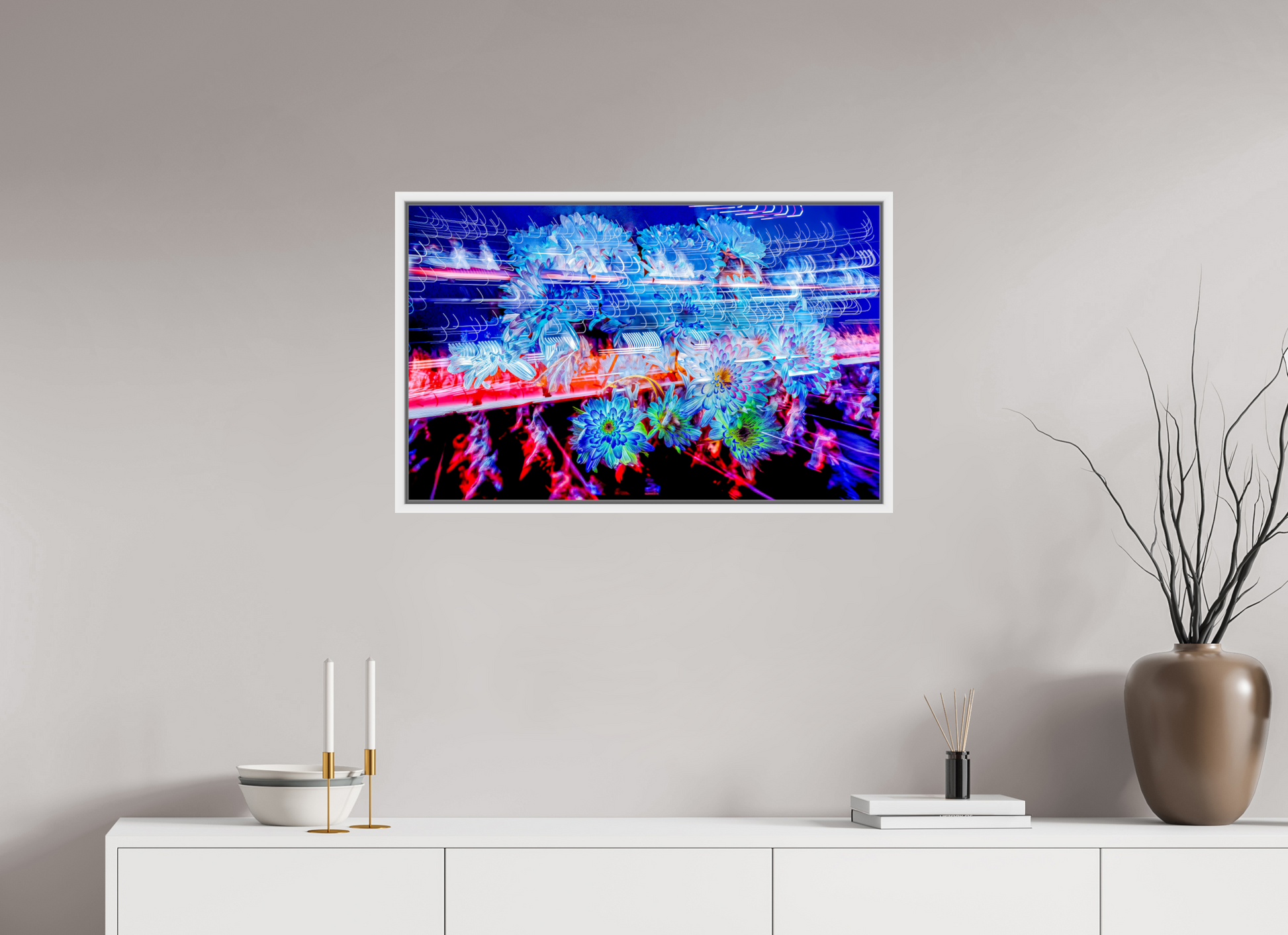 80 x 50 cm, 9 White American box Blooms in the currents of soft matter