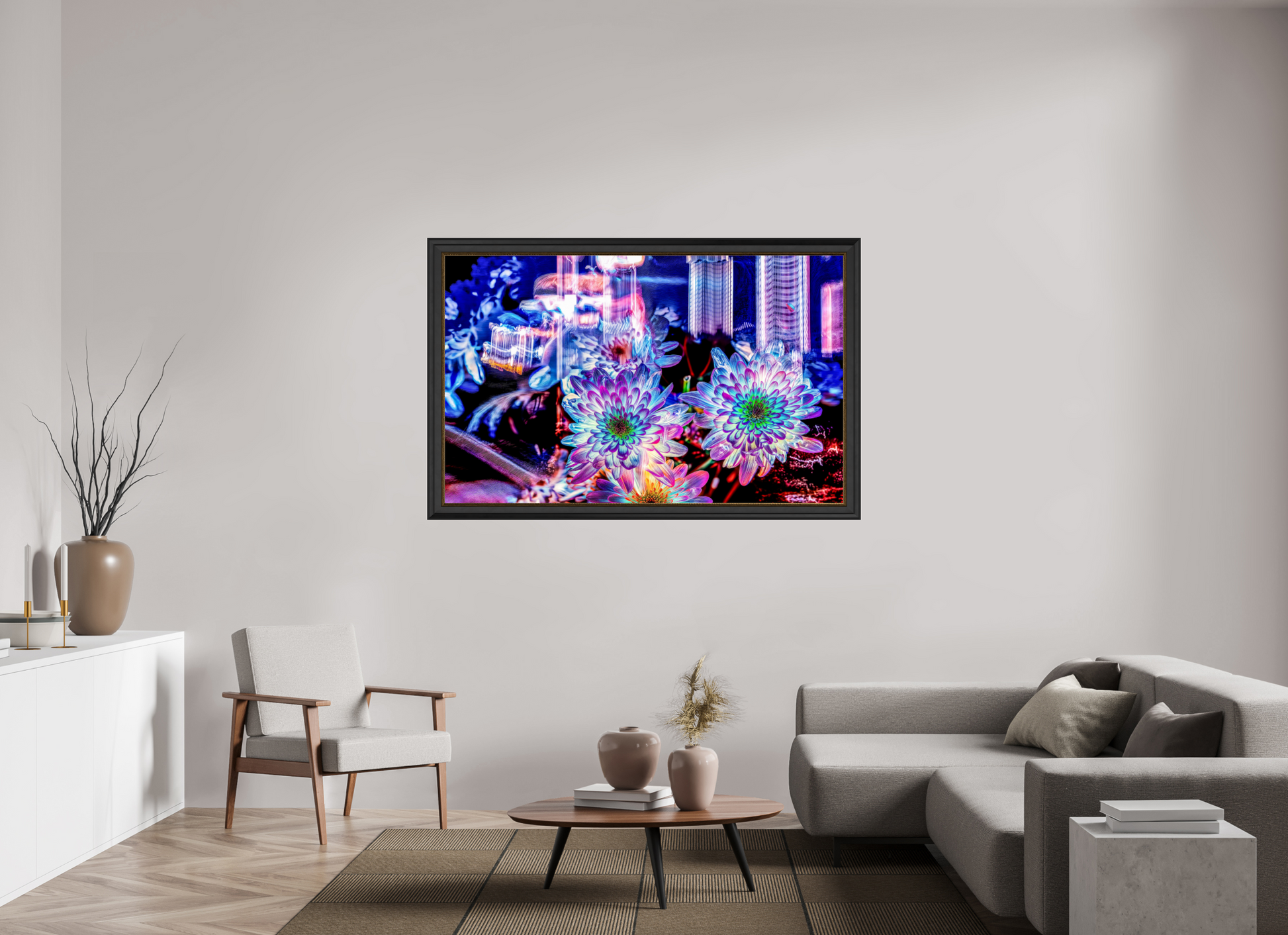 160 x 100 cm, 11 Cadre Noir-Or Murmure floral suspendu entre deux éclairs