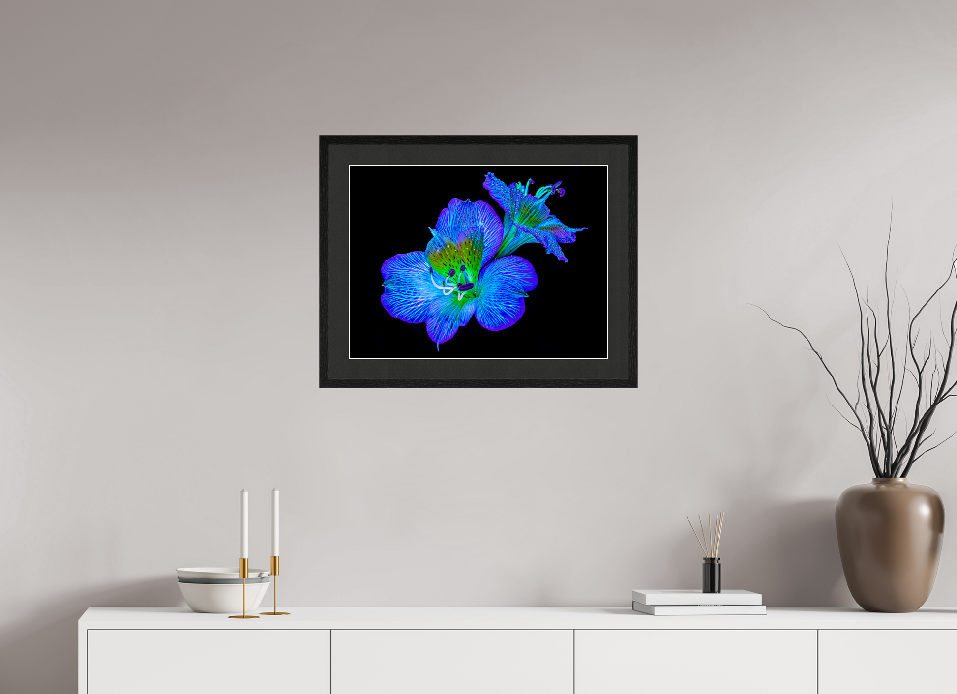 60 x 45 cm, 5 Black Frame: Black Mat with White Border Alstroemeria des Lueurs Cachées