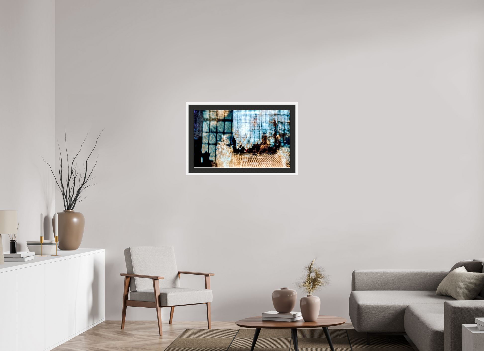 83.4 x 50 cm, 7 White Frame: Black Mat with White Border Reflection of a World in Suspension