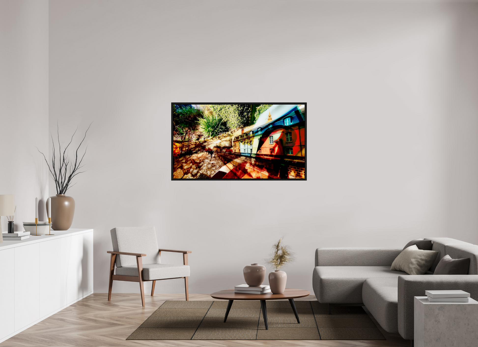 144 x 81 cm, 8 Black American Box Houses beneath the bark of the world