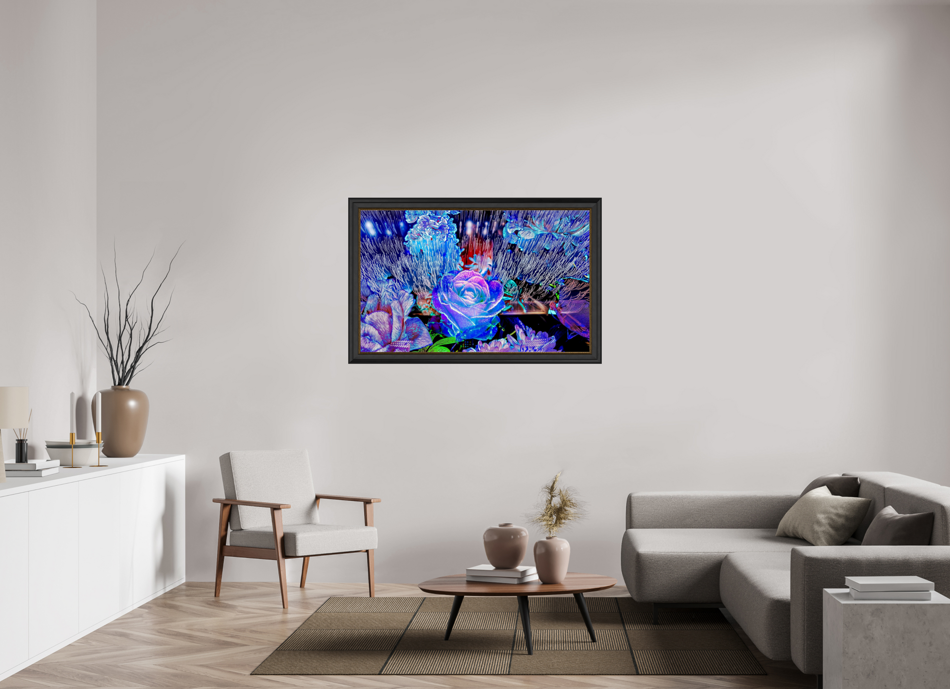 128 x 80 cm, 11 Black-Gold Frame When light remembers flowers