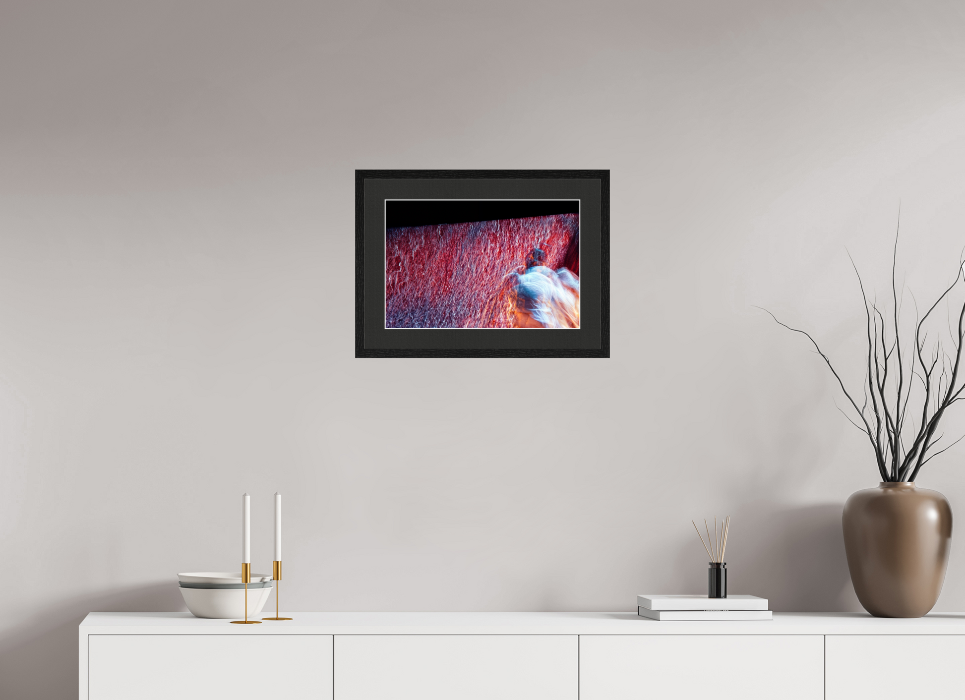45 x 30 cm, 5 Black Frame: Black Mat with White Border Where fire turns into rain