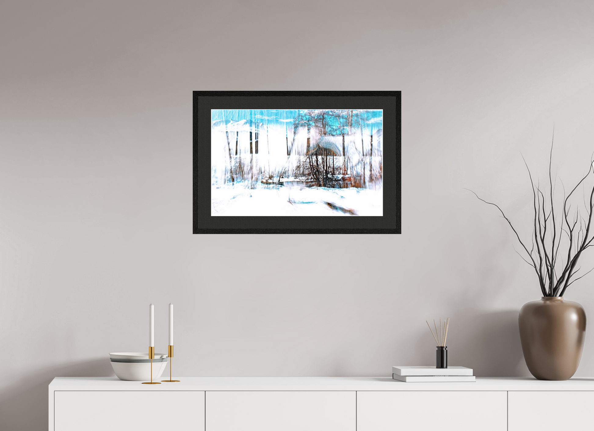64 x 40 cm, 5 Black Frame: Black Mat with White Border LA Forest Singing Snow