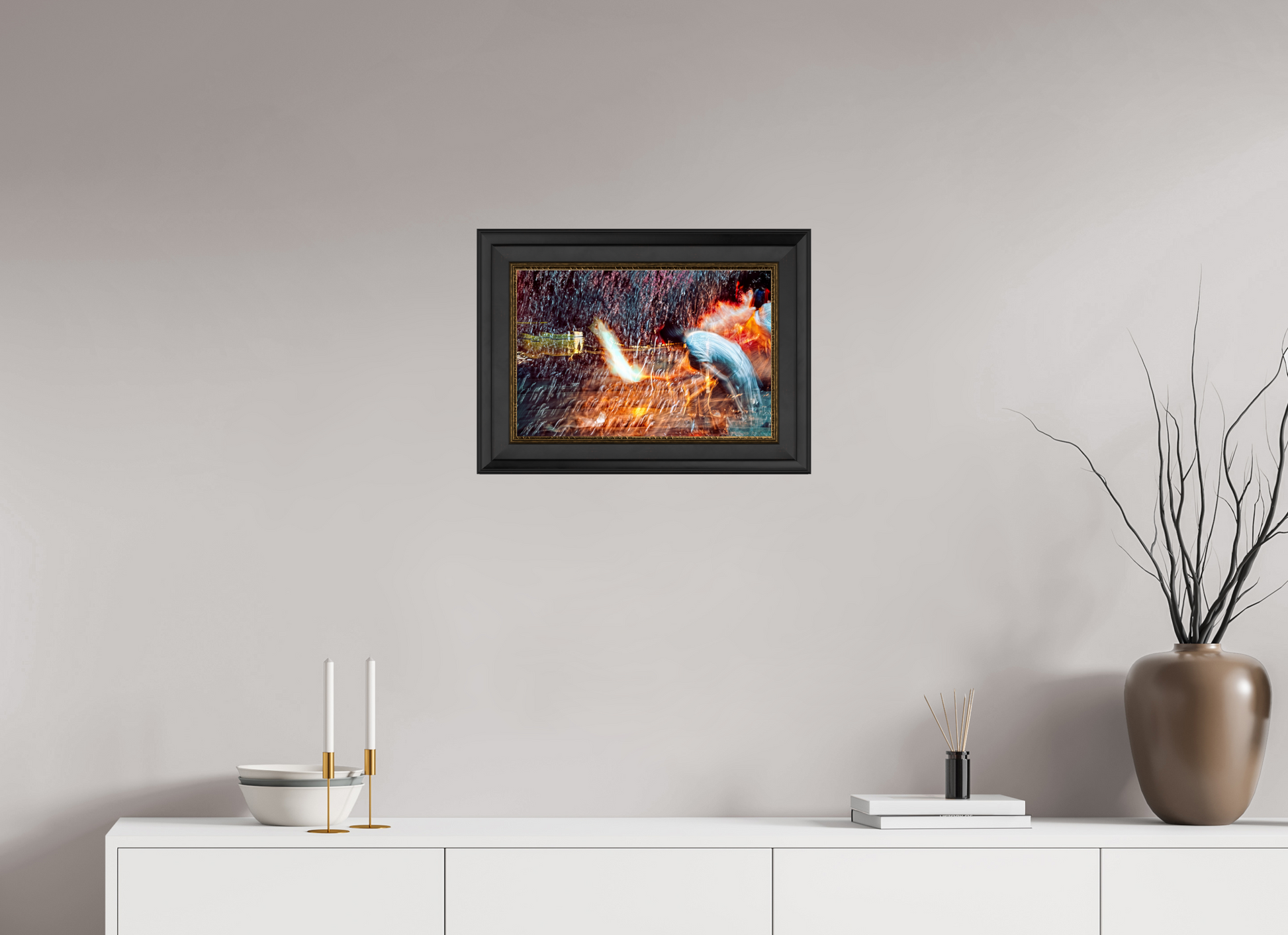 45 x 30 cm, 11 Cadre Noir-Or Rituel où le feu apprend le rythme