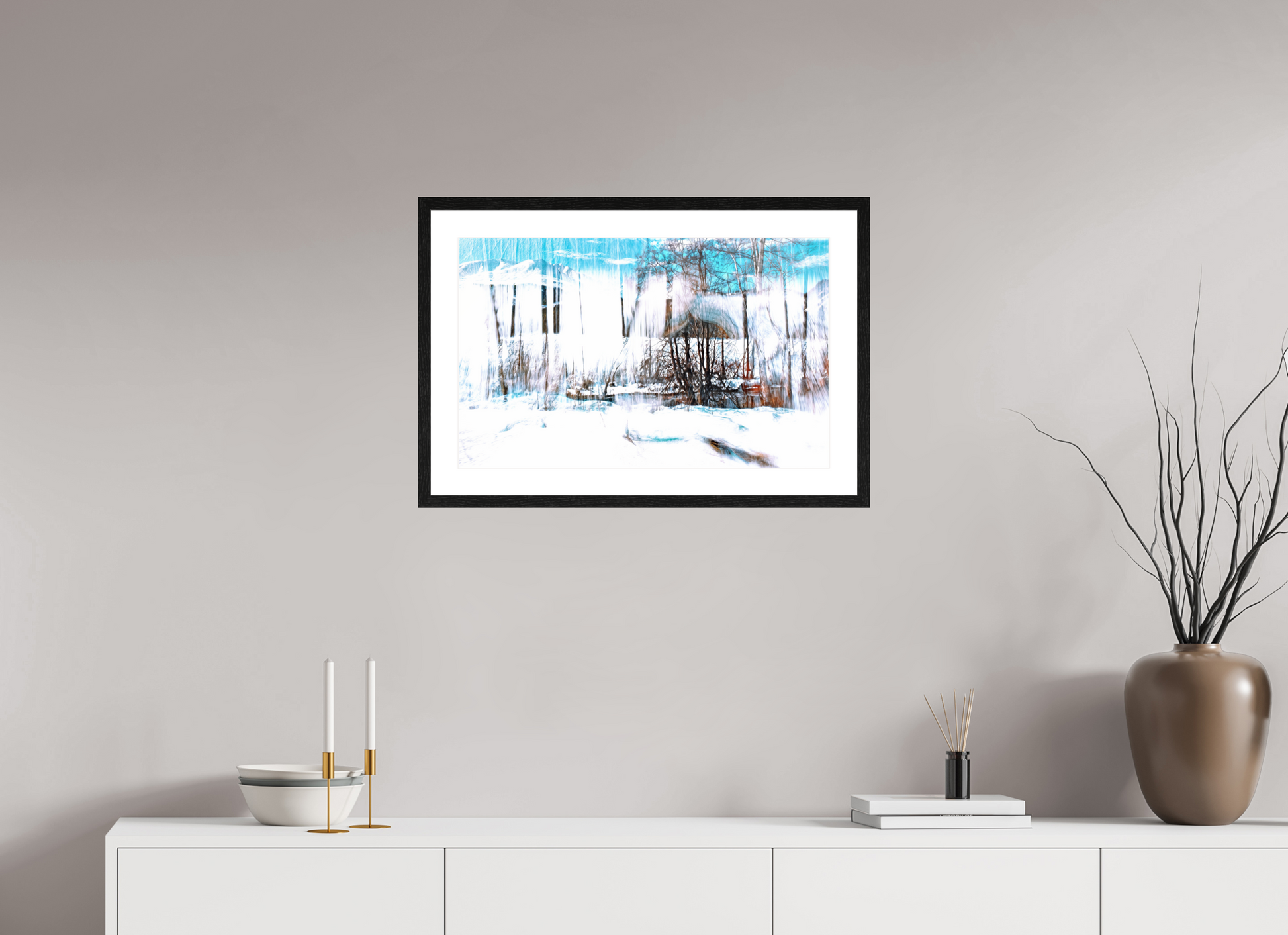 64 x 40 cm, 4 Black Frame: White Mat LA Forest Singing Snow