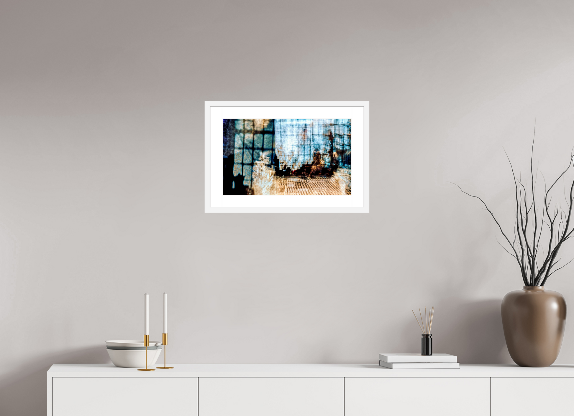 50 x 30 cm, 6 White Frame: White Mat Reflection of a World in Suspension