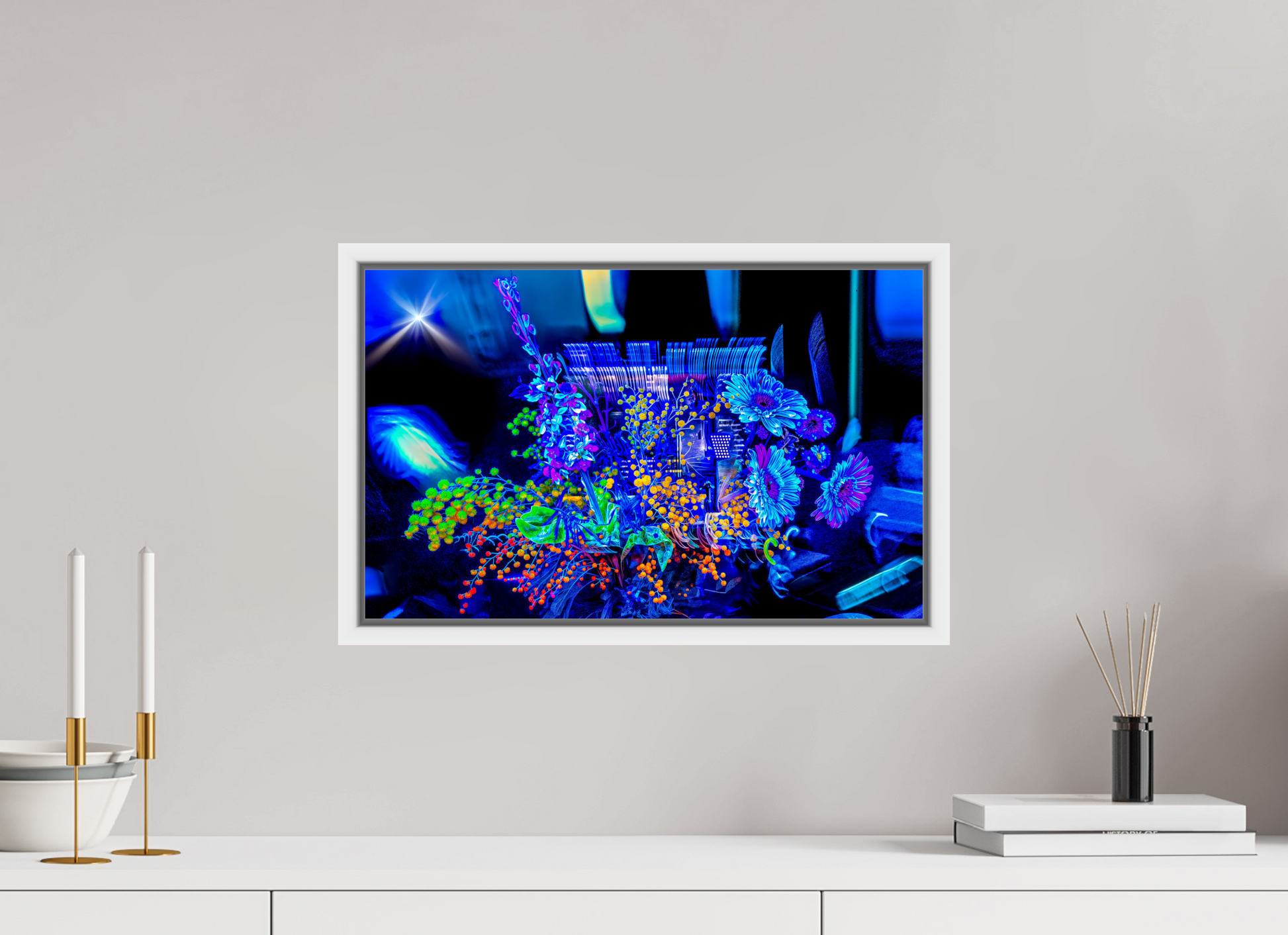 48 x 30 cm, 9 Caisse américaine Blanche Le bouquet où nos rêves s’illuminent