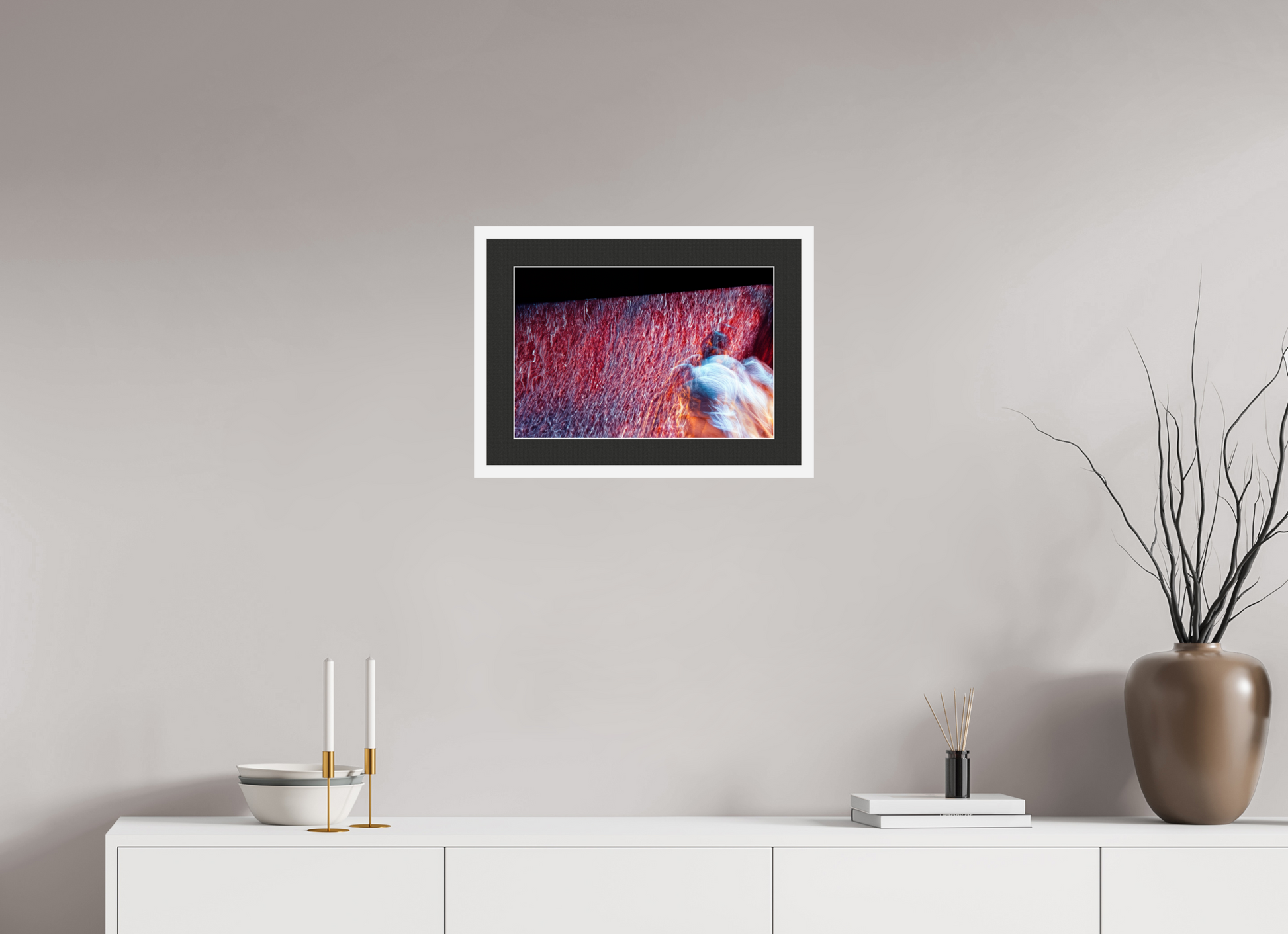 45 x 30 cm, 7 White Frame: Black Mat with White Border Where fire turns into rain