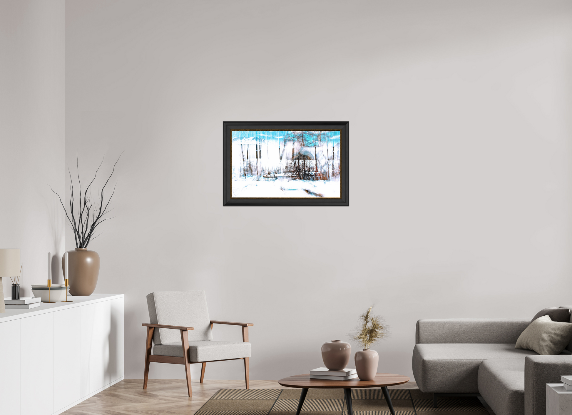 80 x 50 cm, 11 Black-Gold Frame LA The Forest Singing Snow